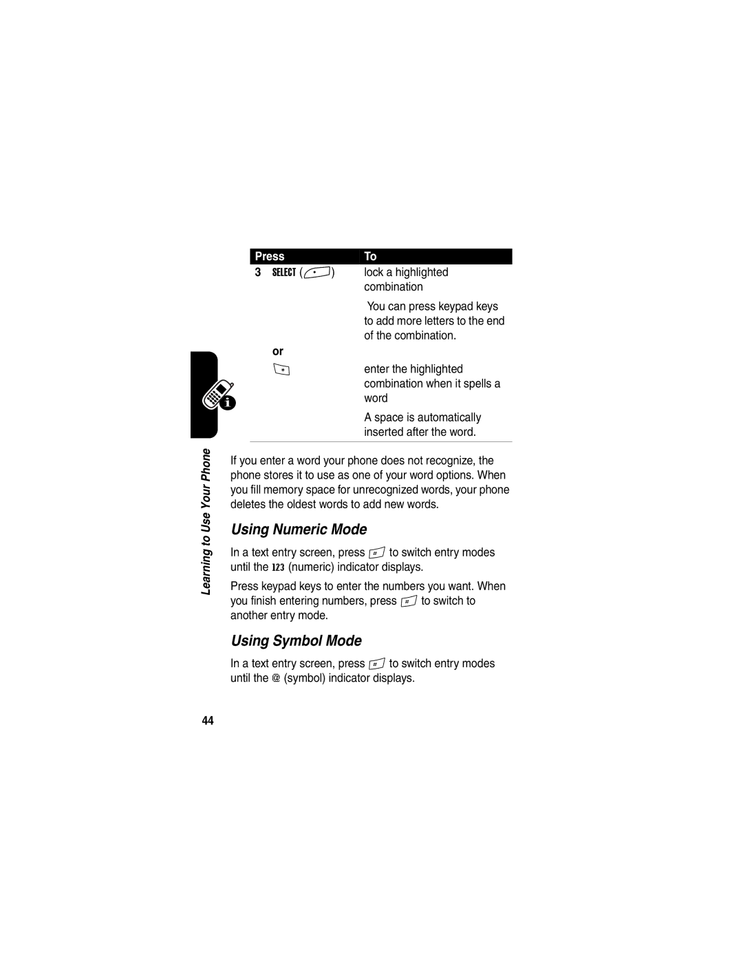 Motorola A845 manual Using Numeric Mode, Using Symbol Mode 