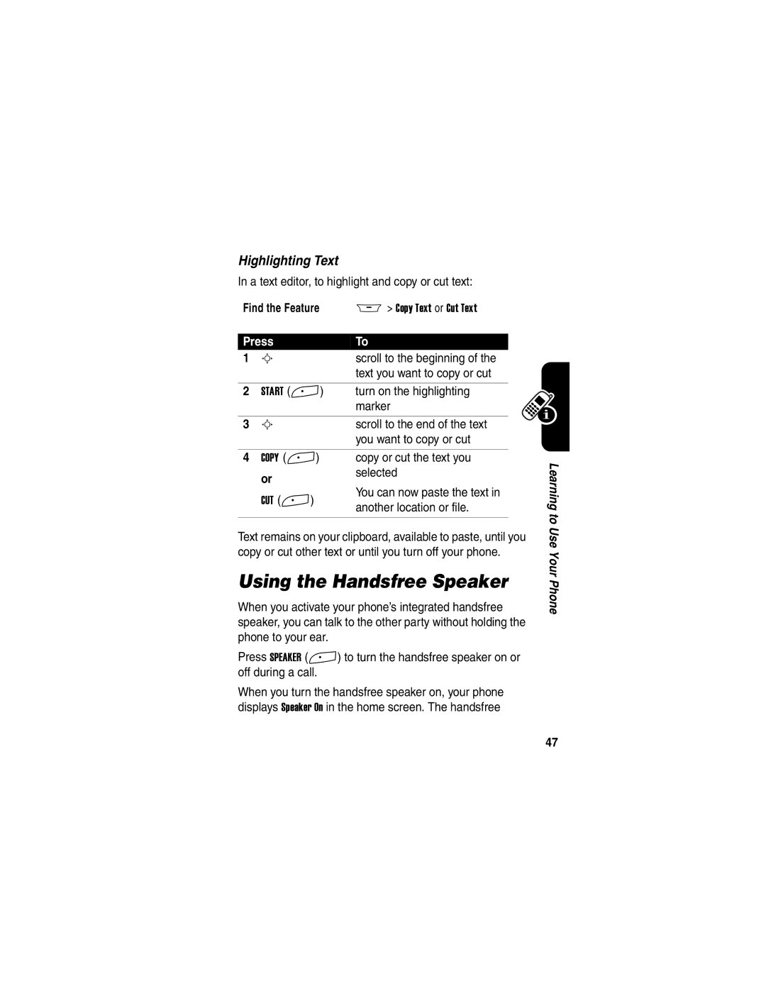 Motorola A845 manual Using the Handsfree Speaker, Highlighting Text 