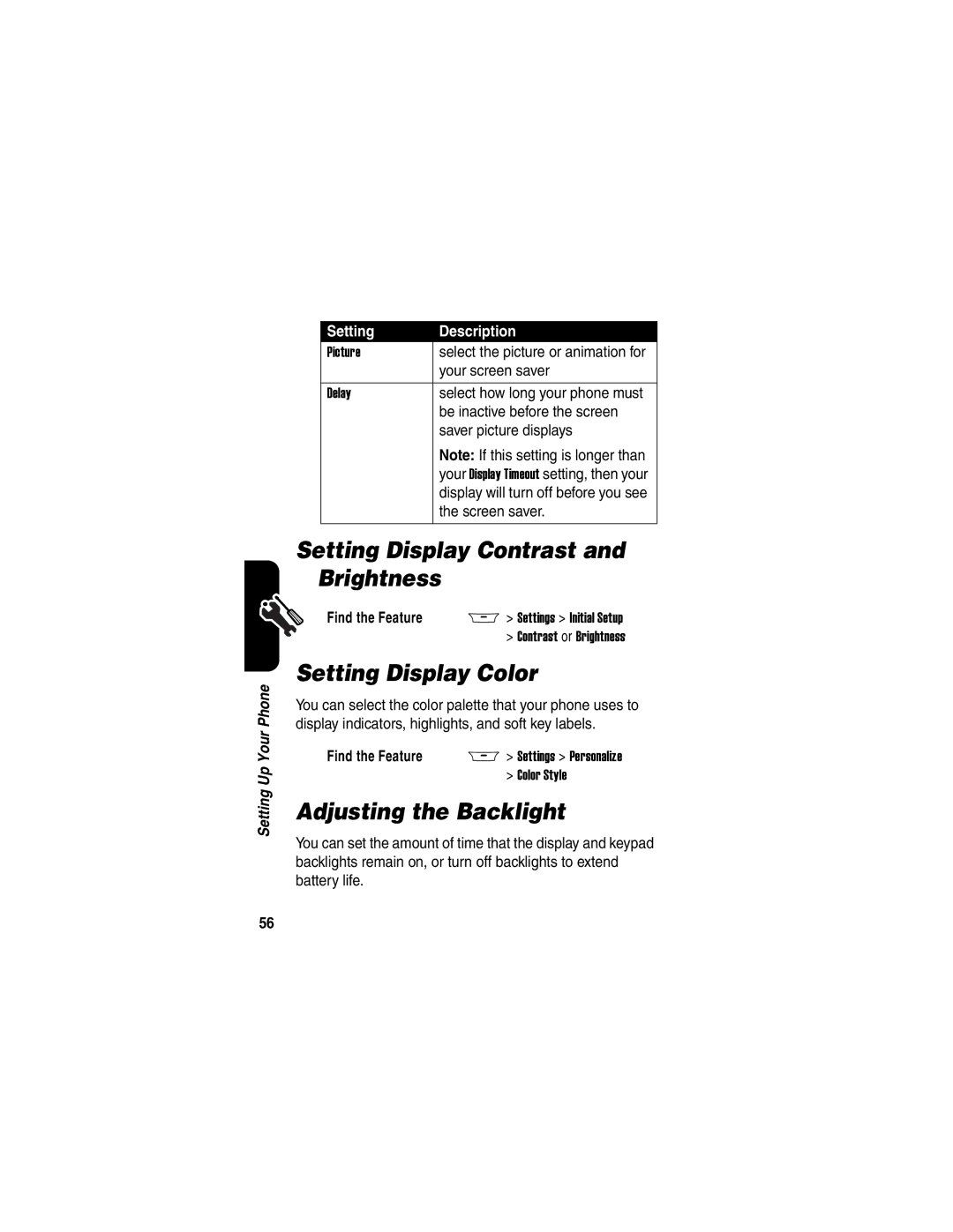 Motorola A845 manual Setting Display Contrast and Brightness, Setting Display Color, Adjusting the Backlight 