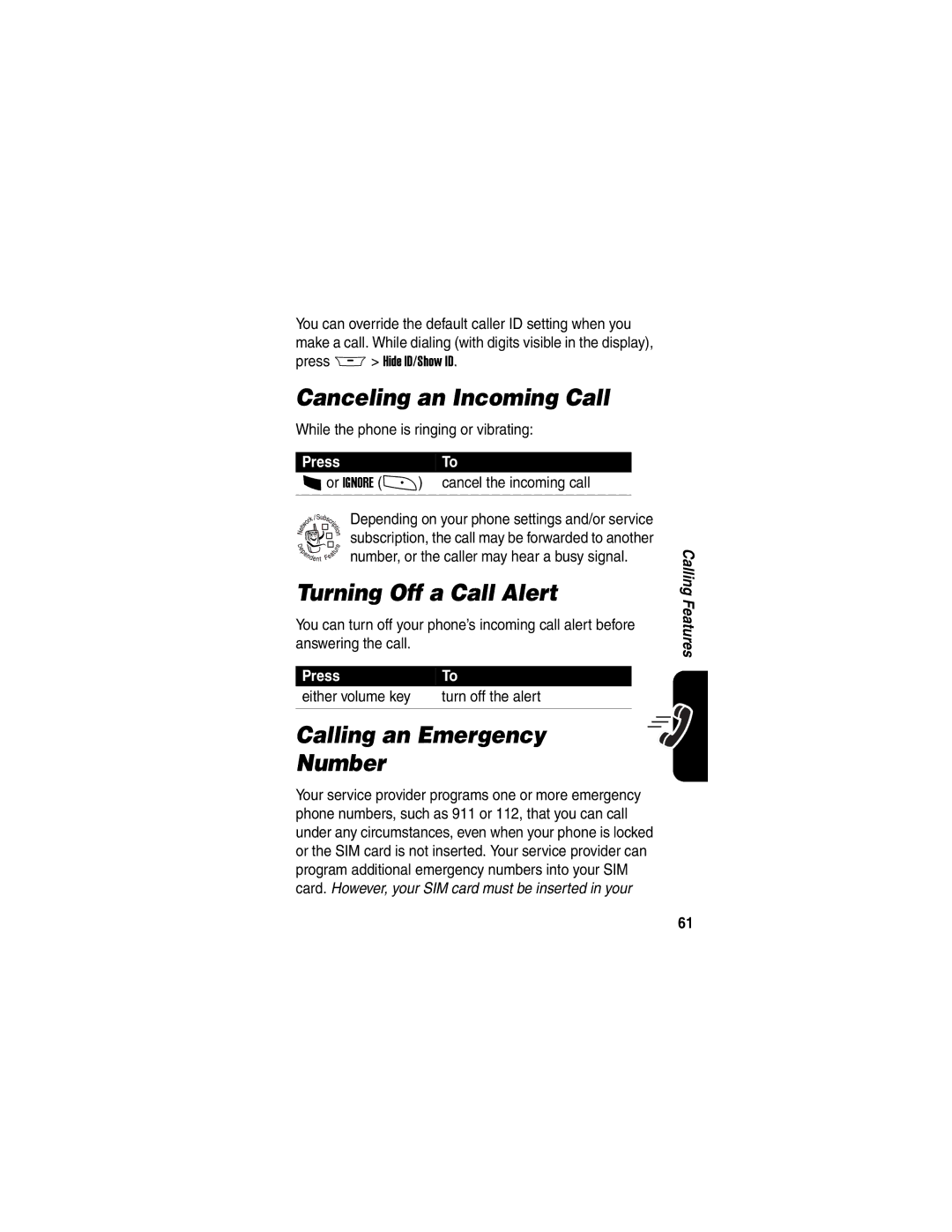 Motorola A845 manual Canceling an Incoming Call, Turning Off a Call Alert, Calling an Emergency Number 