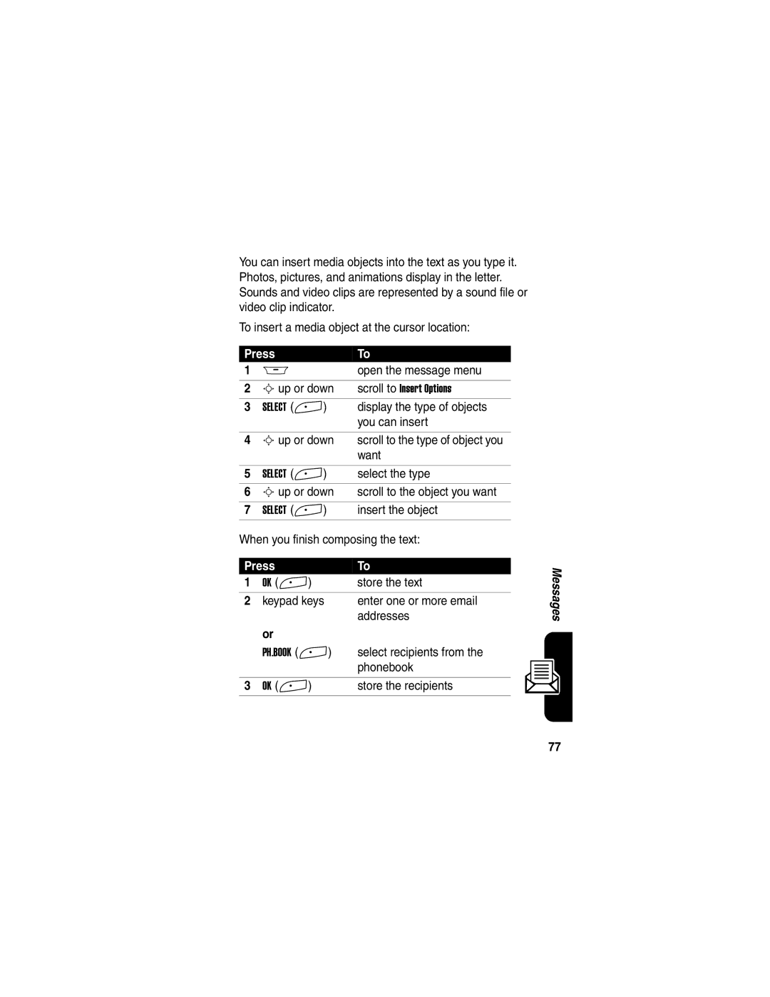 Motorola A845 manual Open the message menu, Display the type of objects, Sup or down Scroll to the object you want 