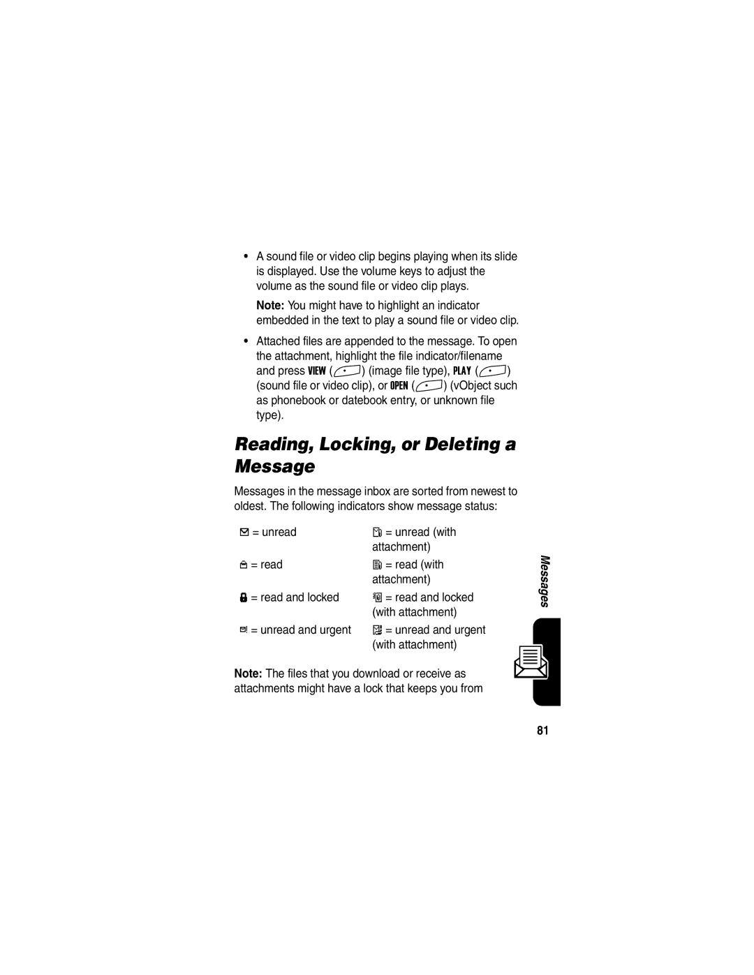 Motorola A845 manual Reading, Locking, or Deleting a Message, With attachment 