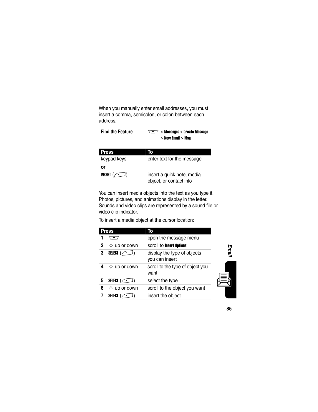 Motorola A845 manual Open the message menu Sup or down, Select the type Sup or down Scroll to the object you want 