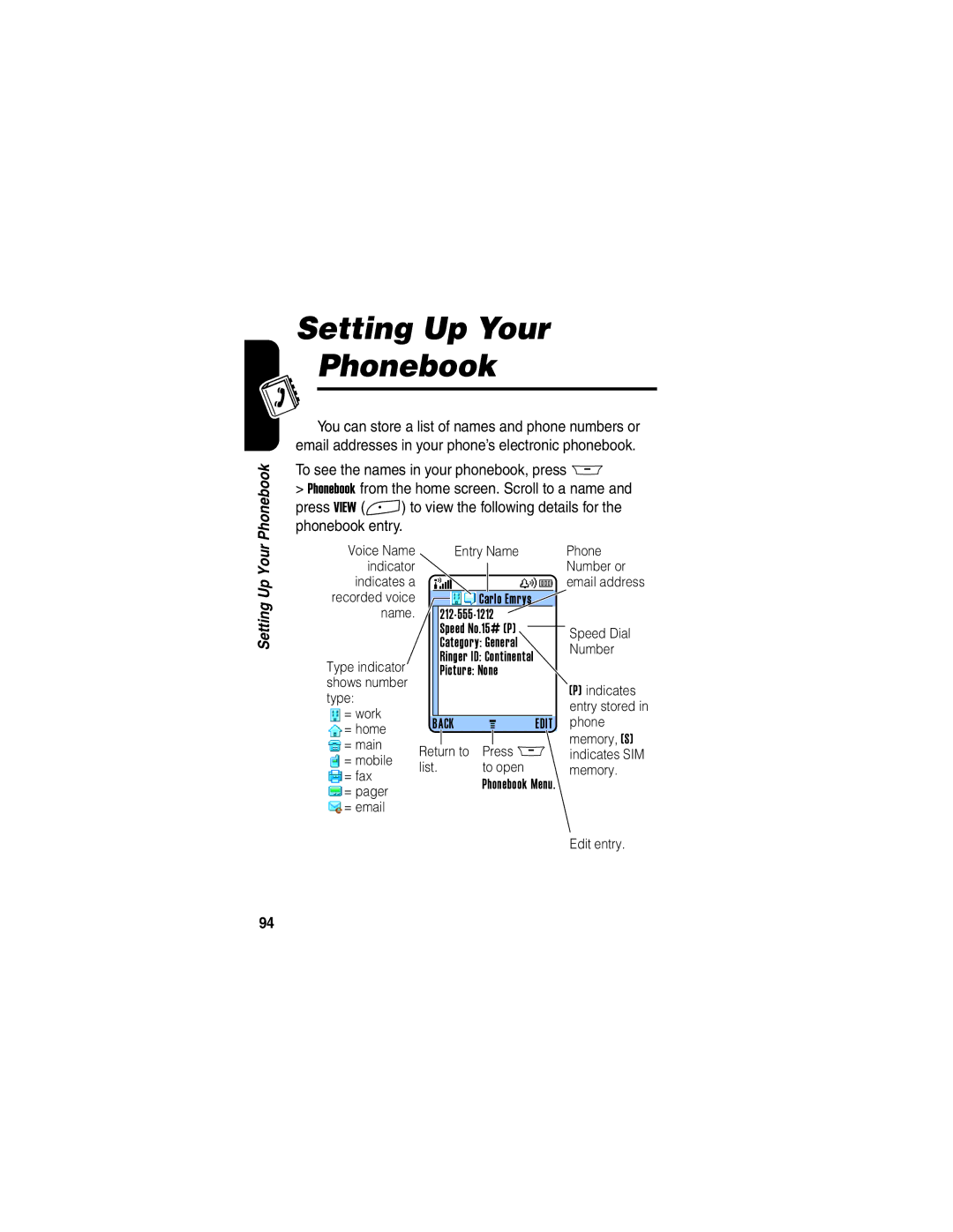 Motorola A845 manual Setting Up Your Phonebook 