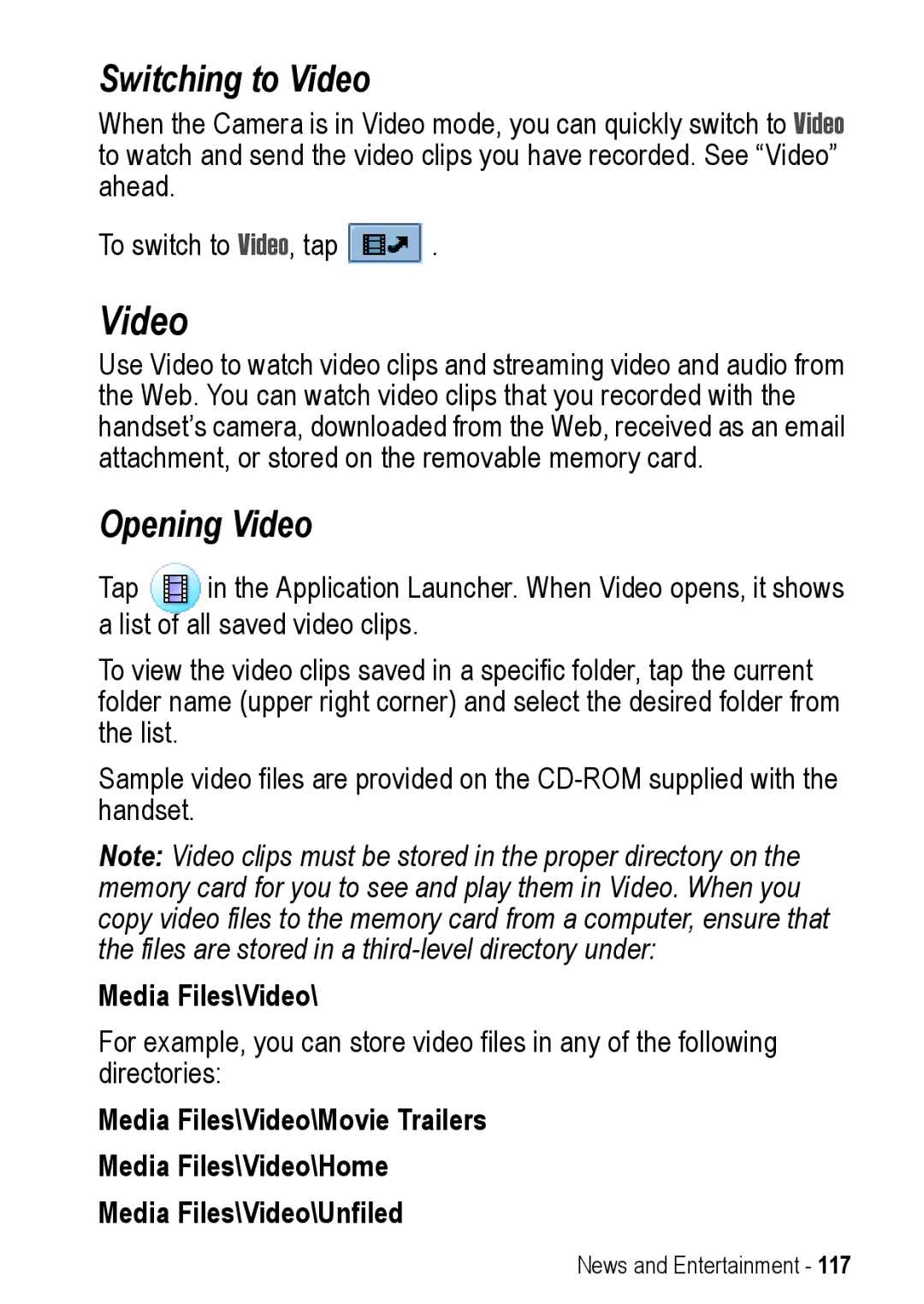 Motorola A925 manual Switching to Video, Opening Video, Media Files\Video 