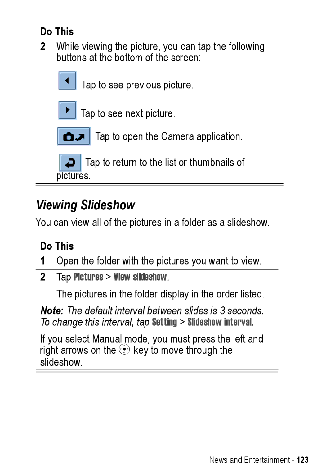 Motorola A925 manual Viewing Slideshow, Tap Pictures View slideshow 