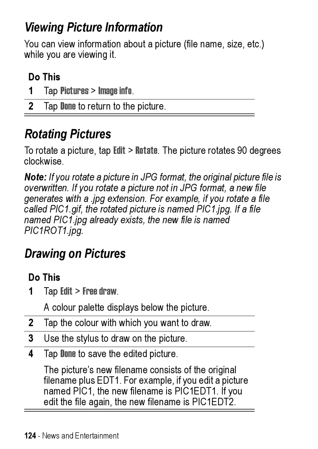 Motorola A925 manual Viewing Picture Information, Rotating Pictures, Drawing on Pictures, Tap Pictures Image info 