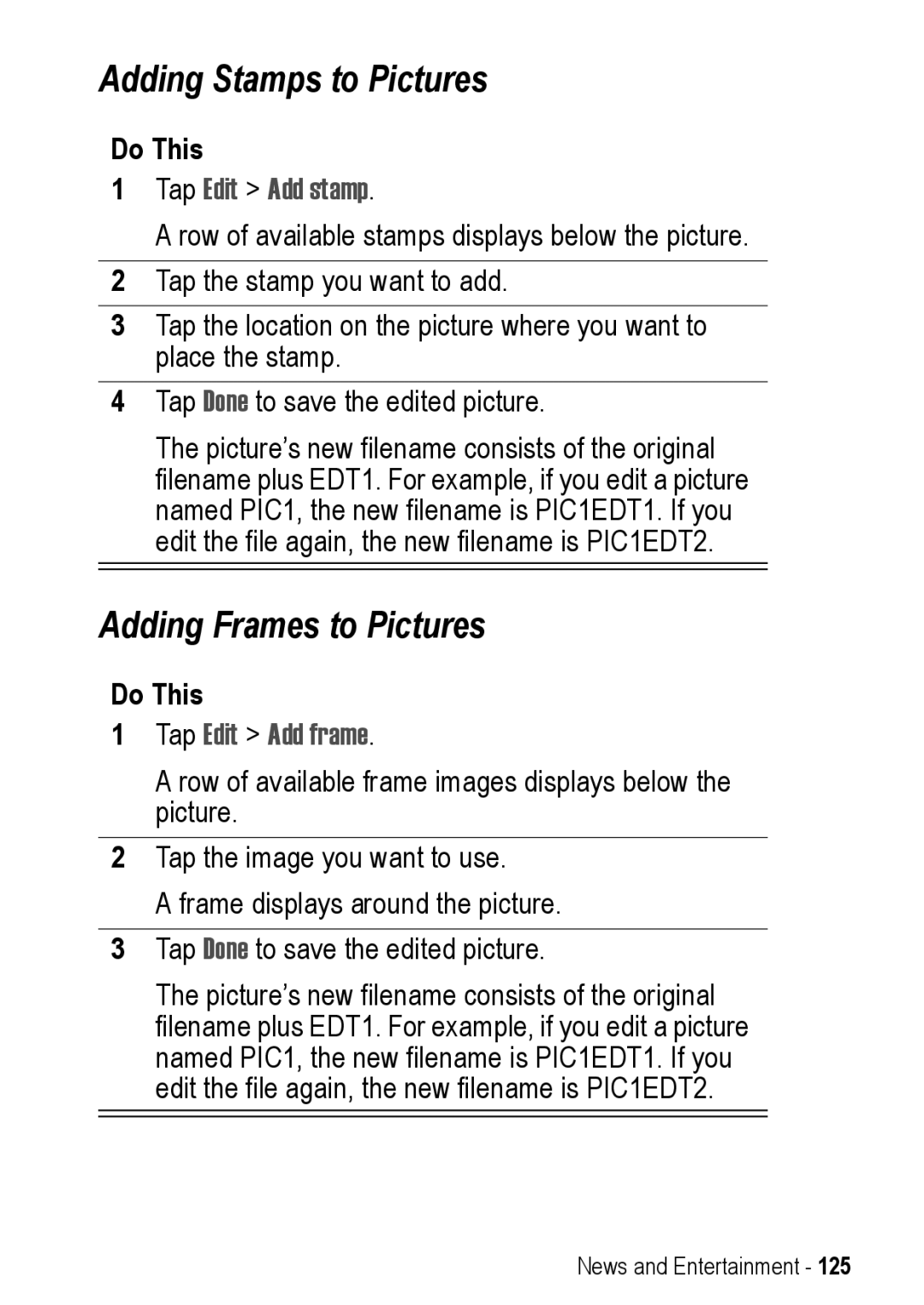 Motorola A925 manual Adding Stamps to Pictures, Adding Frames to Pictures, Tap Edit Add stamp, Tap Edit Add frame 