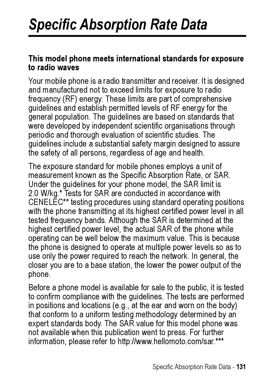 Motorola A925 manual Specific Absorption Rate Data 