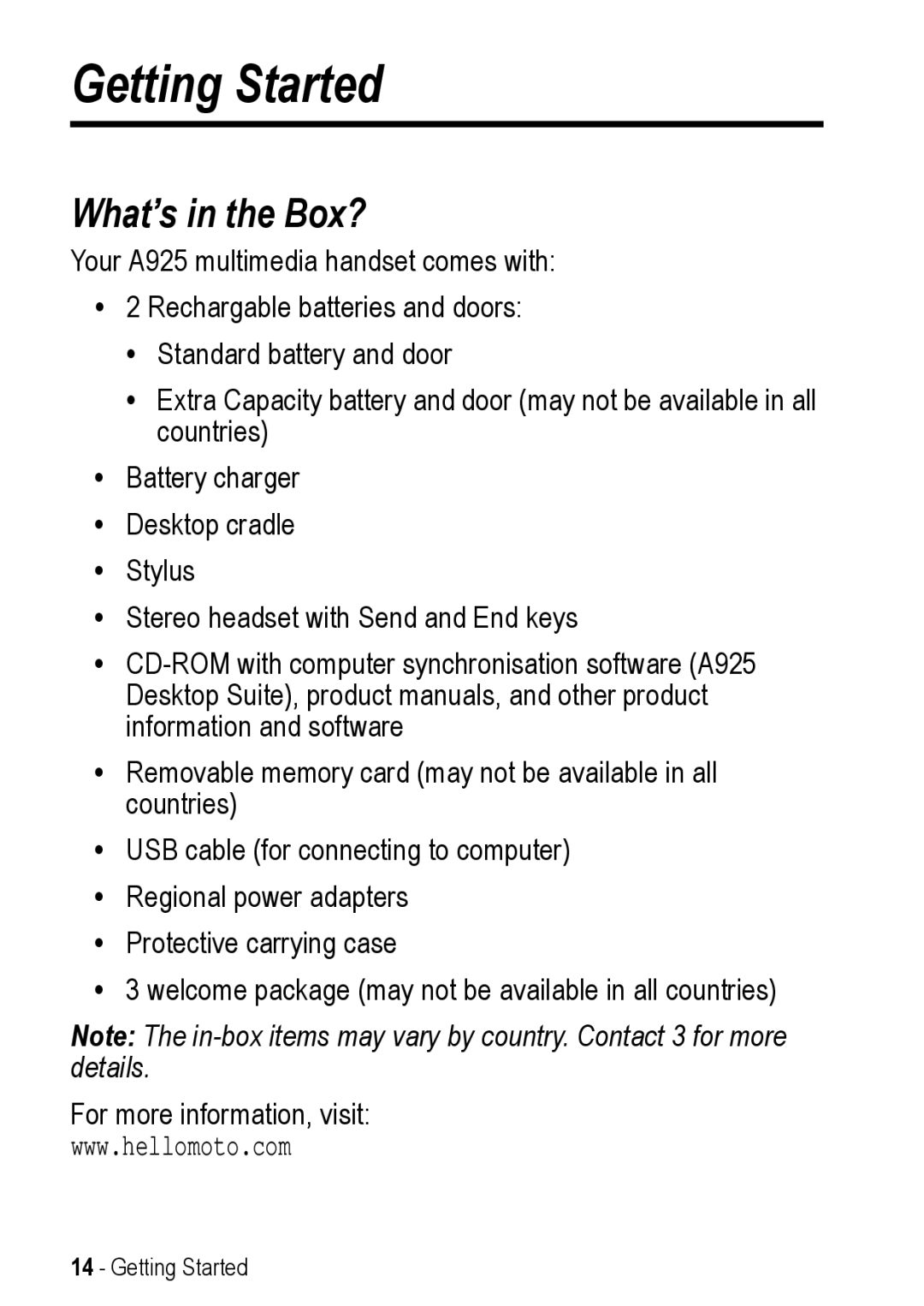 Motorola A925 manual Getting Started, What’s in the Box? 