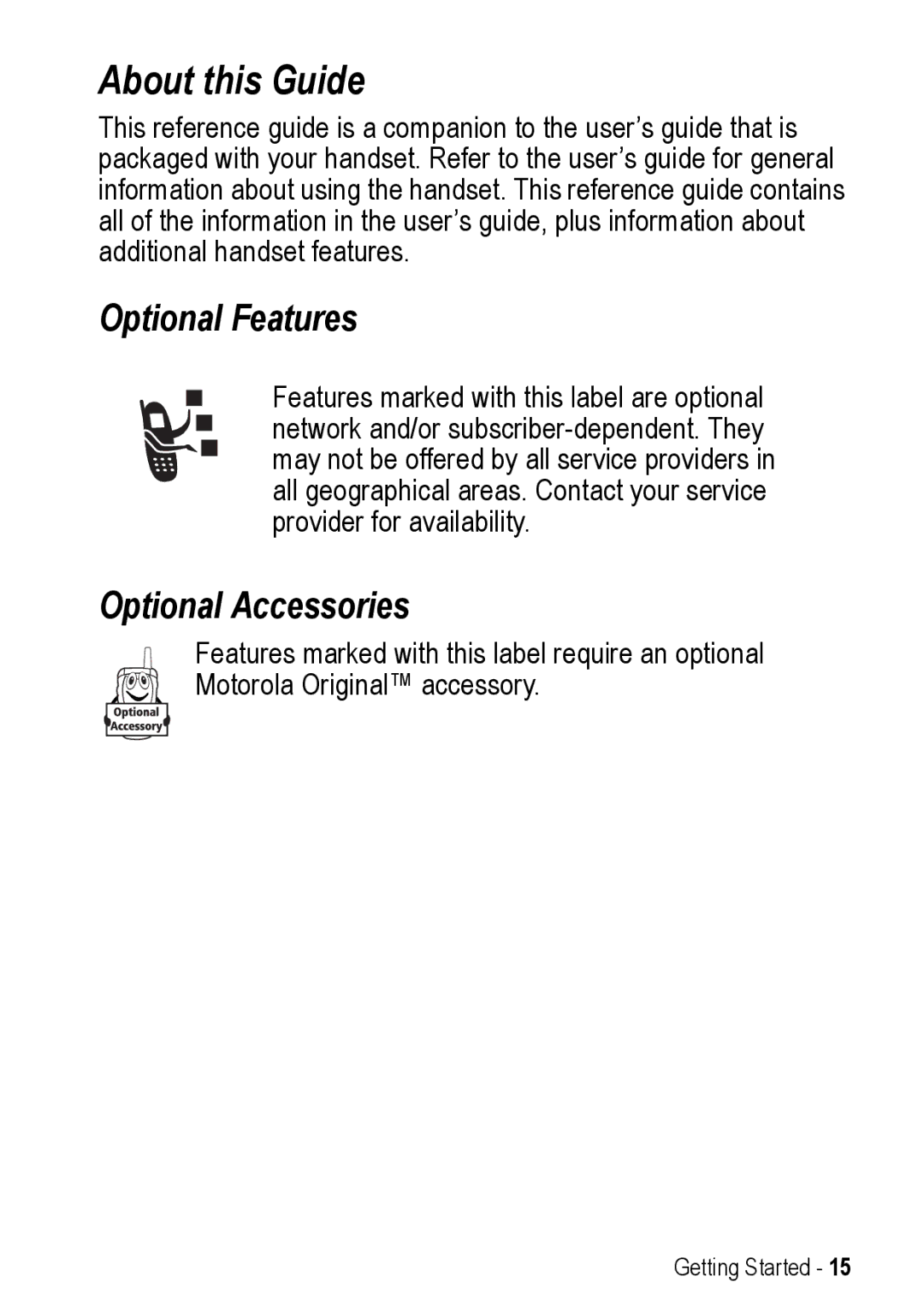 Motorola A925 manual About this Guide, Optional Features, Optional Accessories 