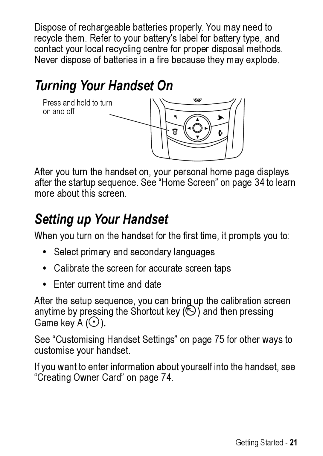 Motorola A925 manual Turning Your Handset On, Setting up Your Handset 