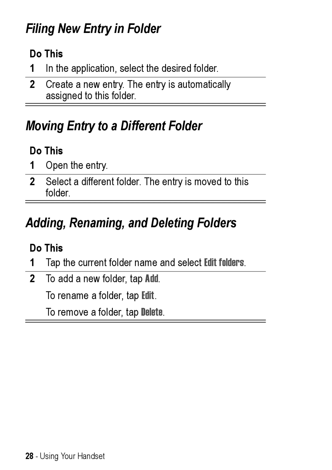 Motorola A925 manual Filing New Entry in Folder, Moving Entry to a Different Folder, Adding, Renaming, and Deleting Folders 