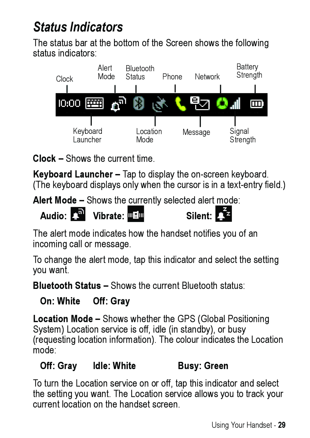 Motorola A925 manual Status Indicators, Audio Vibrate, On White Off Gray, Off Gray Idle White Busy Green 