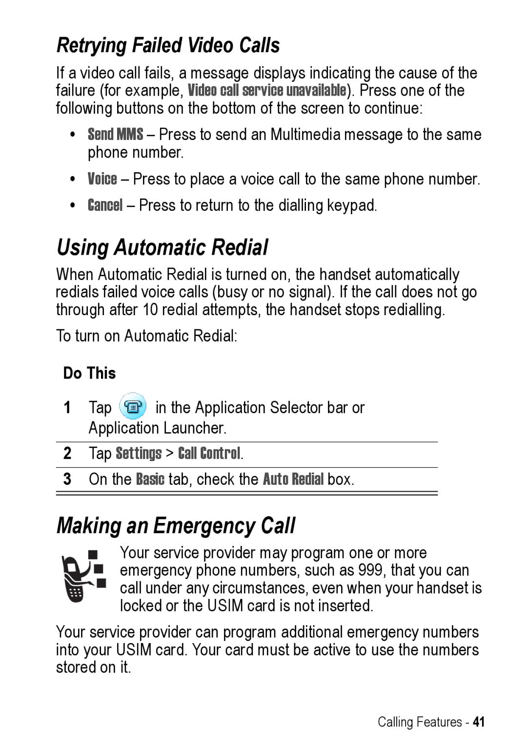 Motorola A925 Using Automatic Redial, Making an Emergency Call, Retrying Failed Video Calls, Tap Settings Call Control 