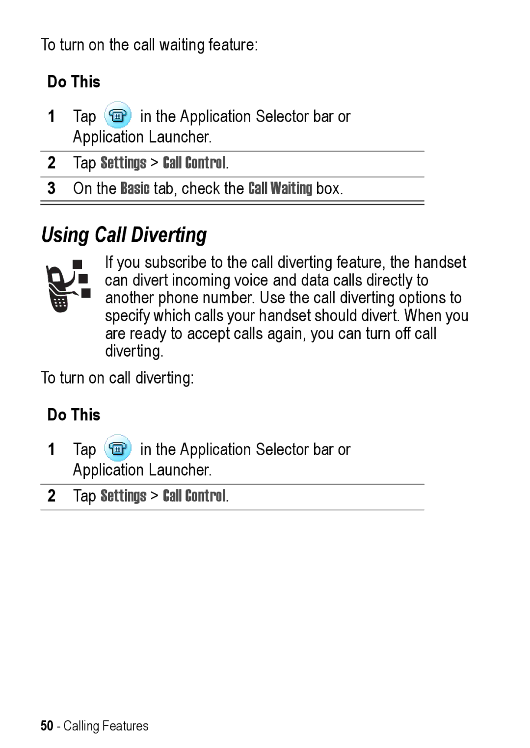 Motorola A925 manual Using Call Diverting, Tap Settings Call Control 