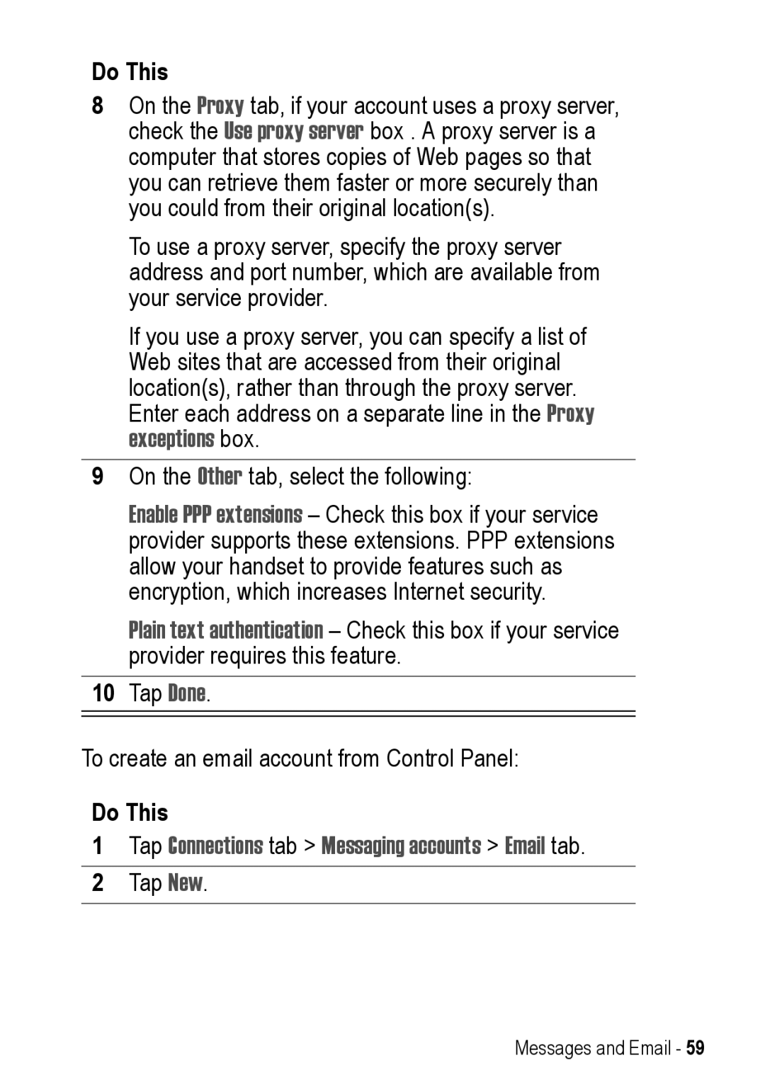 Motorola A925 manual Tap Connections tab Messaging accounts Email tab 