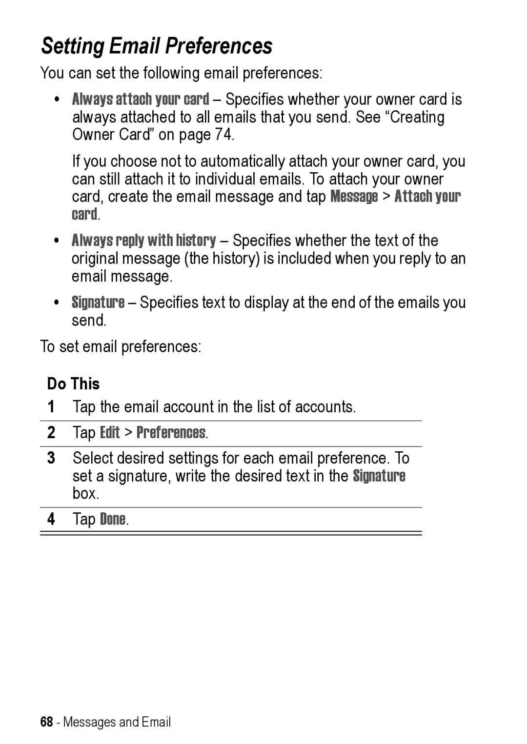 Motorola A925 manual Setting Email Preferences, Tap Edit Preferences 