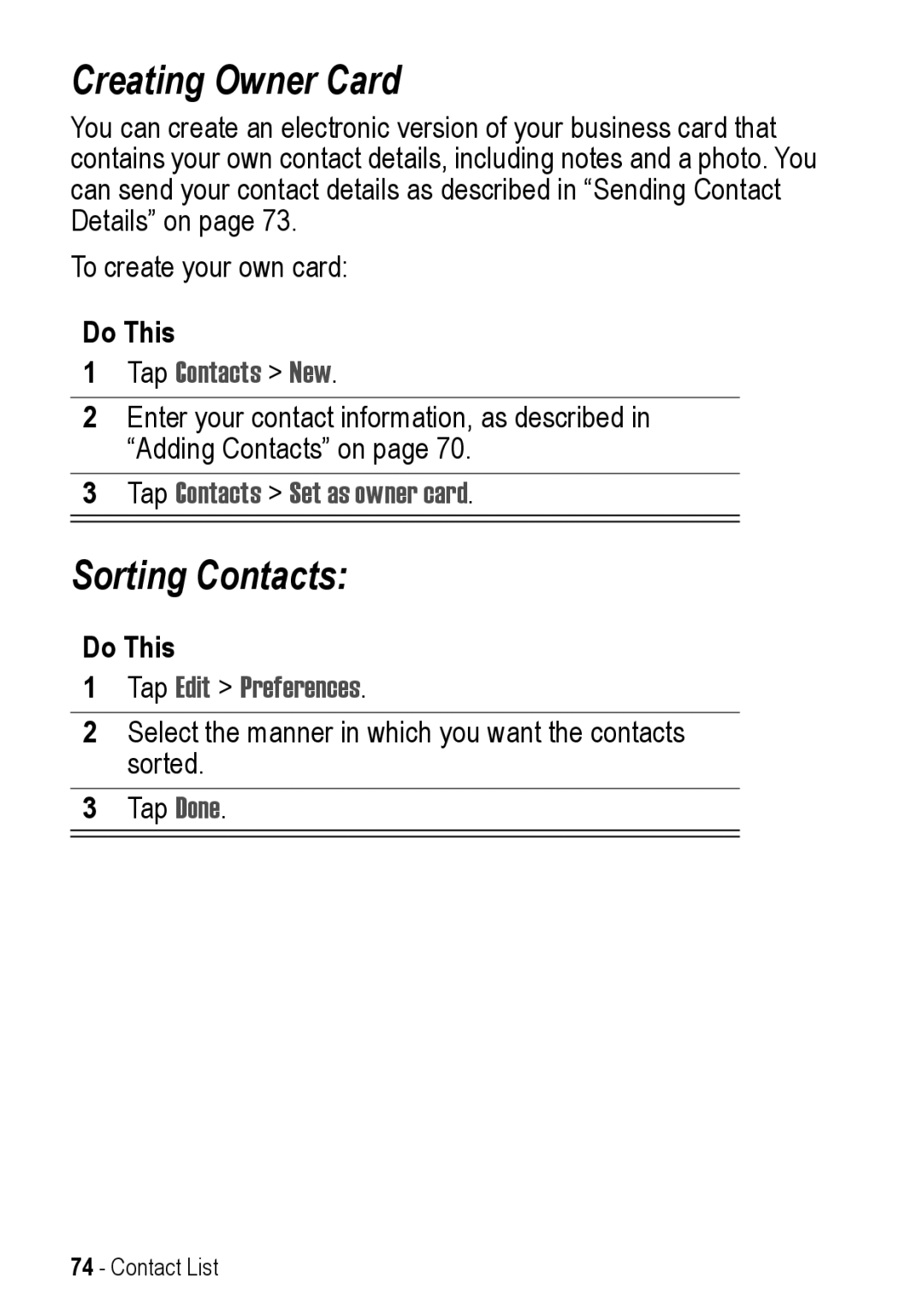 Motorola A925 manual Creating Owner Card, Sorting Contacts, Tap Contacts Set as owner card 