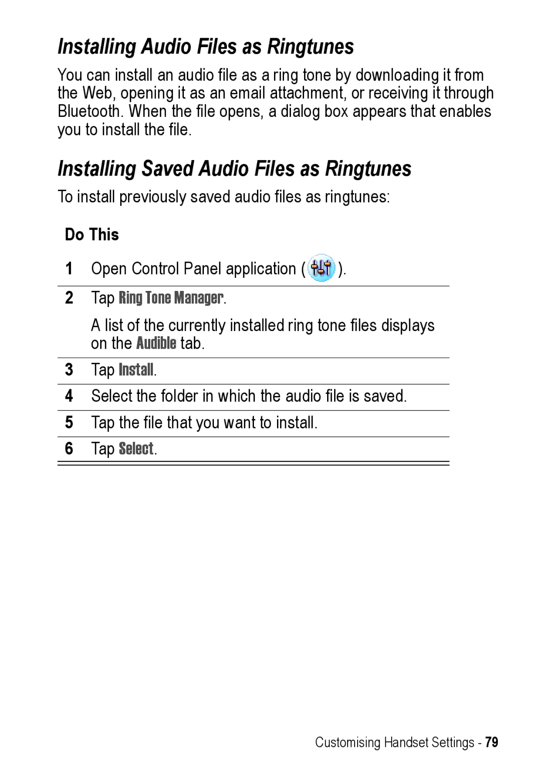 Motorola A925 Installing Audio Files as Ringtunes, Installing Saved Audio Files as Ringtunes, Tap Install, Tap Select 