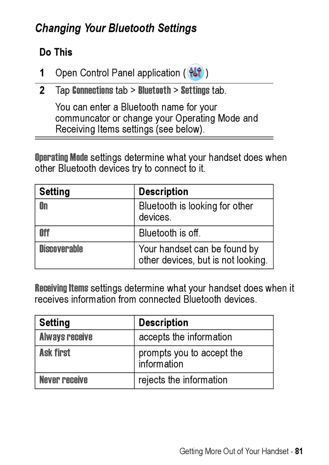 Motorola A925 manual Setting Description 