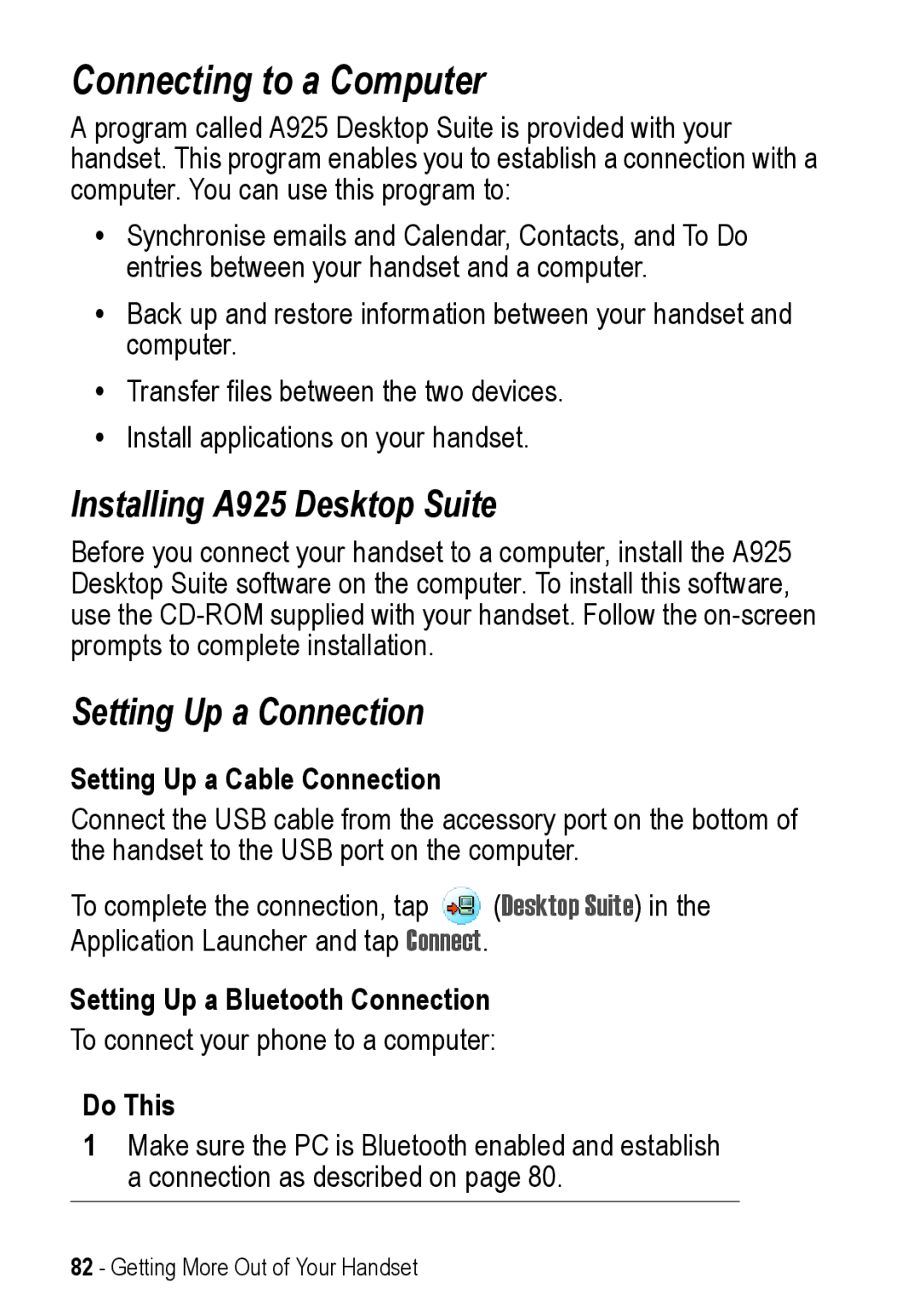 Motorola manual Connecting to a Computer, Installing A925 Desktop Suite, Setting Up a Connection 