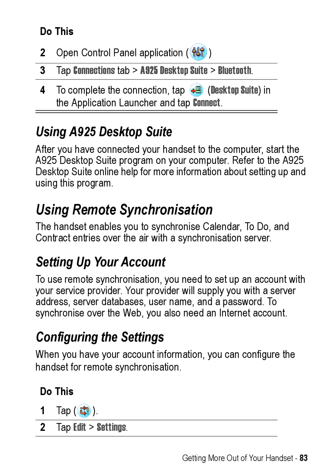 Motorola Using Remote Synchronisation, Using A925 Desktop Suite, Setting Up Your Account, Configuring the Settings 