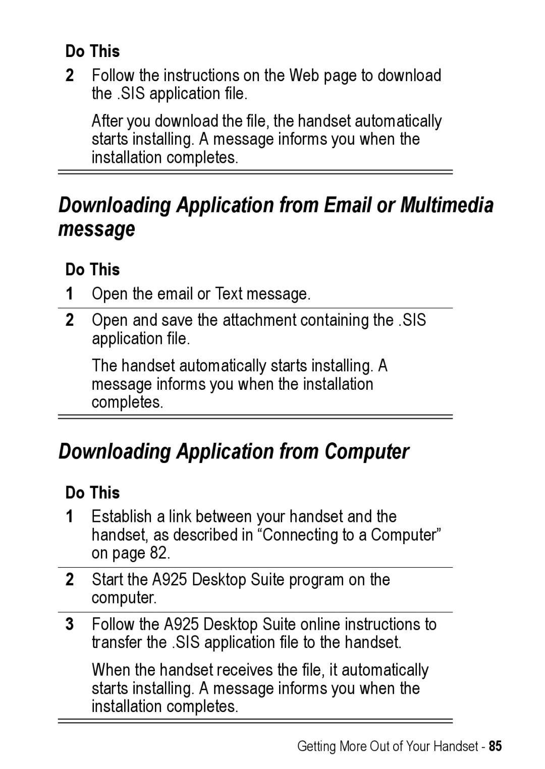 Motorola A925 manual Downloading Application from Email or Multimedia message, Downloading Application from Computer 