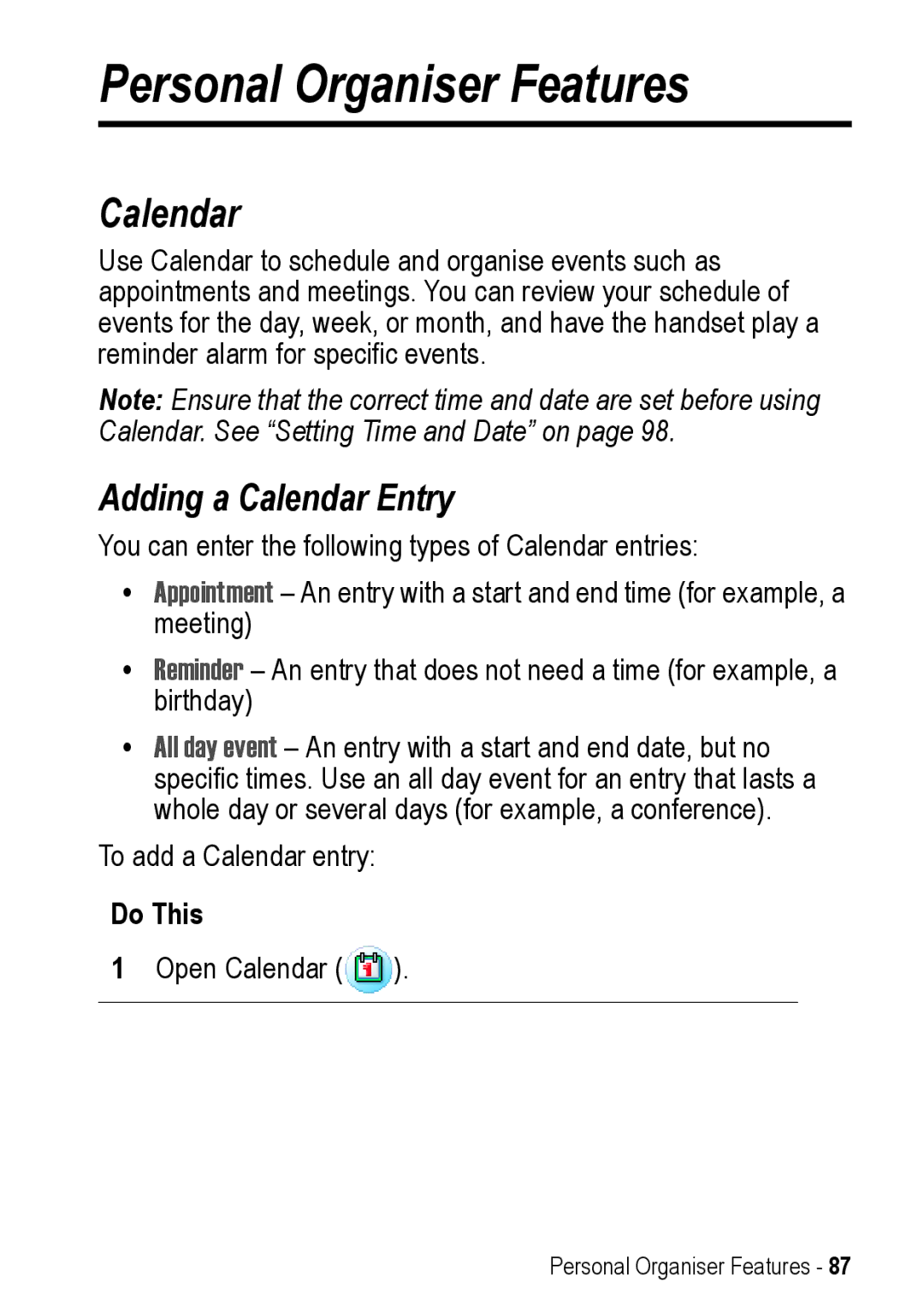 Motorola A925 manual Personal Organiser Features, Adding a Calendar Entry 