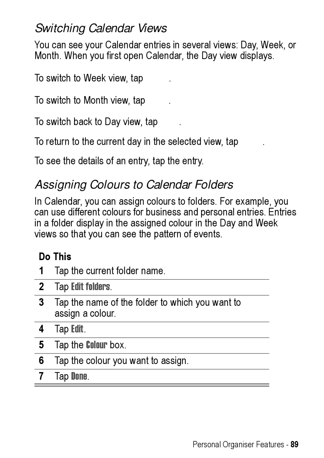 Motorola A925 manual Switching Calendar Views, Assigning Colours to Calendar Folders, Tap Edit folders 