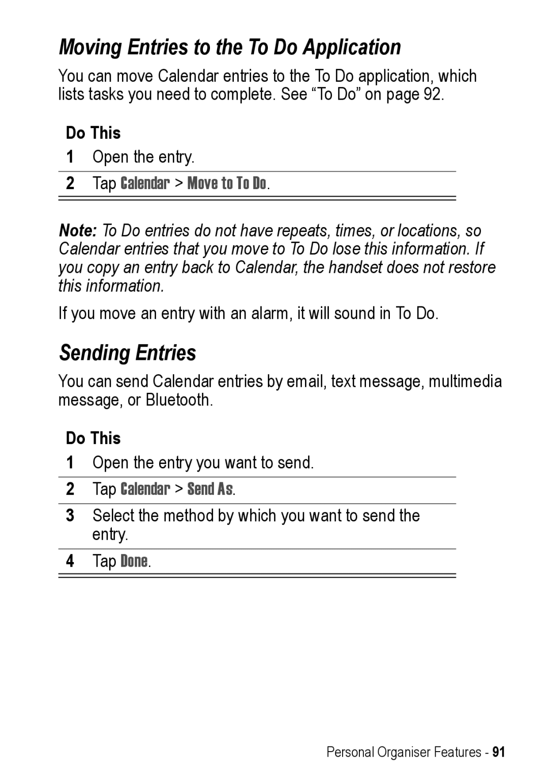 Motorola A925 Moving Entries to the To Do Application, Sending Entries, Tap Calendar Move to To Do, Tap Calendar Send As 