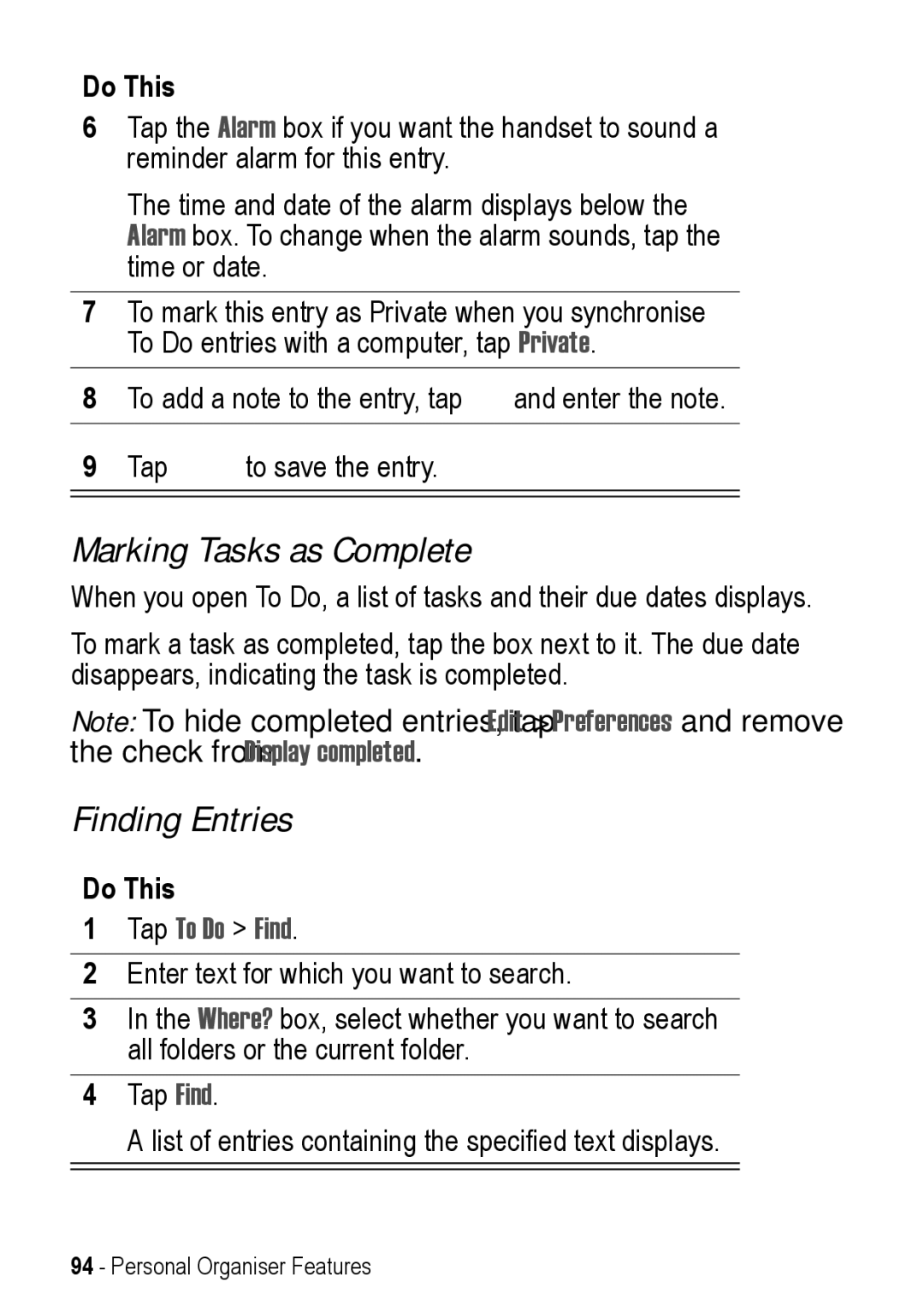 Motorola A925 manual Marking Tasks as Complete, Tap To Do Find 