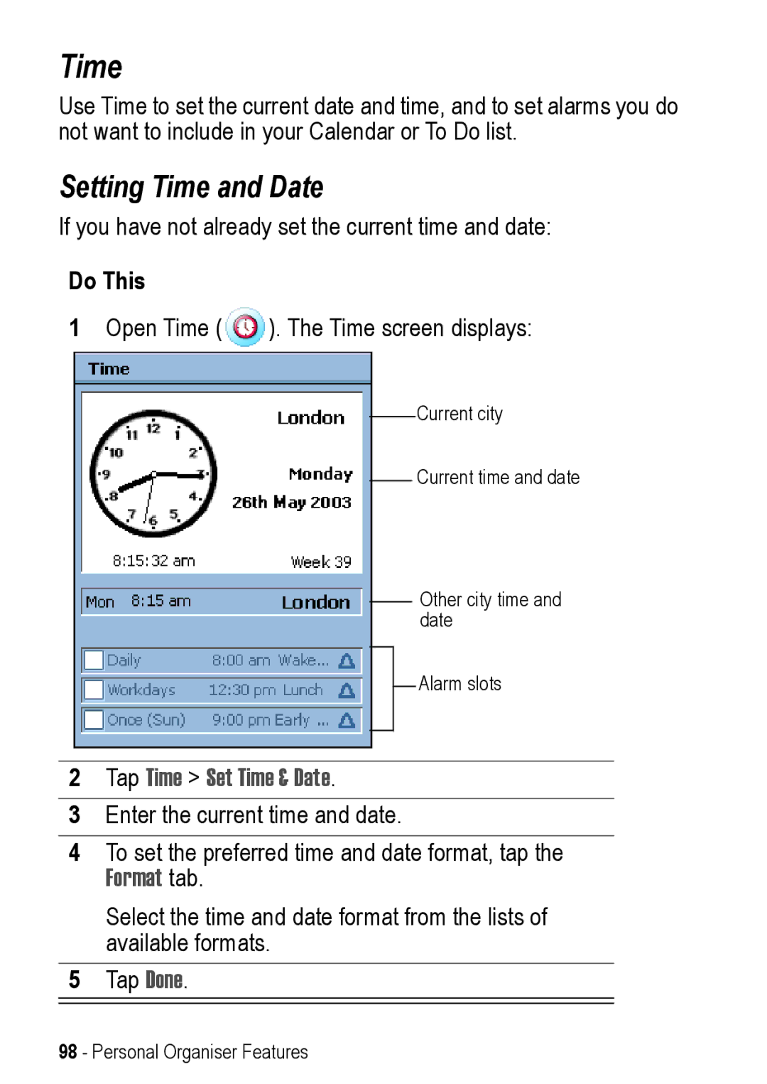 Motorola A925 manual Setting Time and Date, Tap Time Set Time & Date, Format tab 