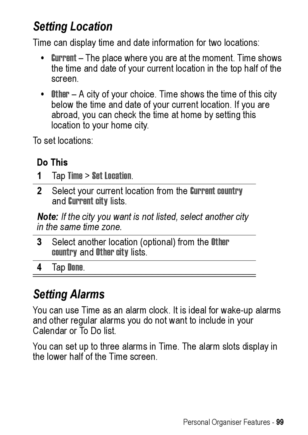 Motorola A925 manual Setting Location, Setting Alarms 