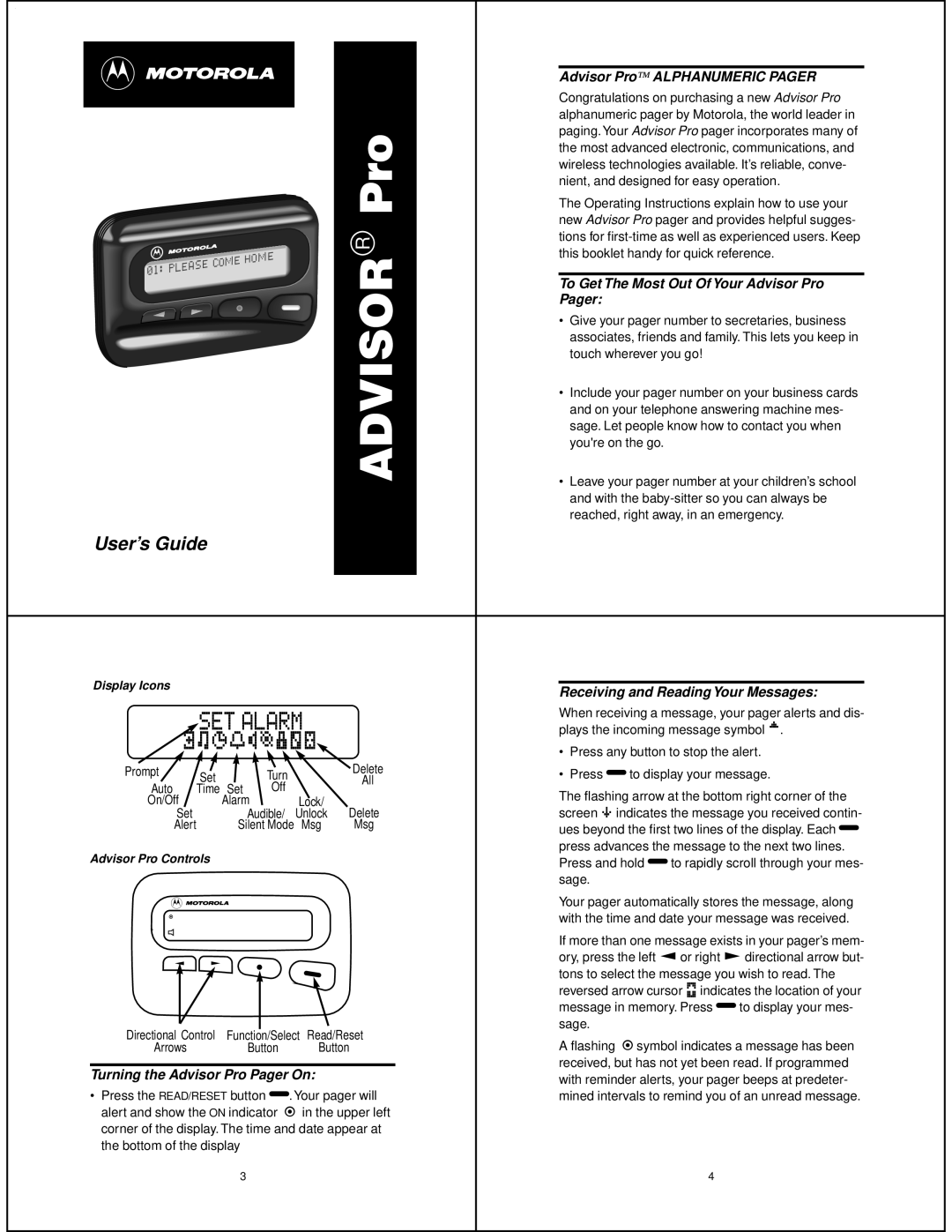 Motorola AIPB-961768-O operating instructions Turning the Advisor Pro Pager On, Advisor Pro Alphanumeric Pager 