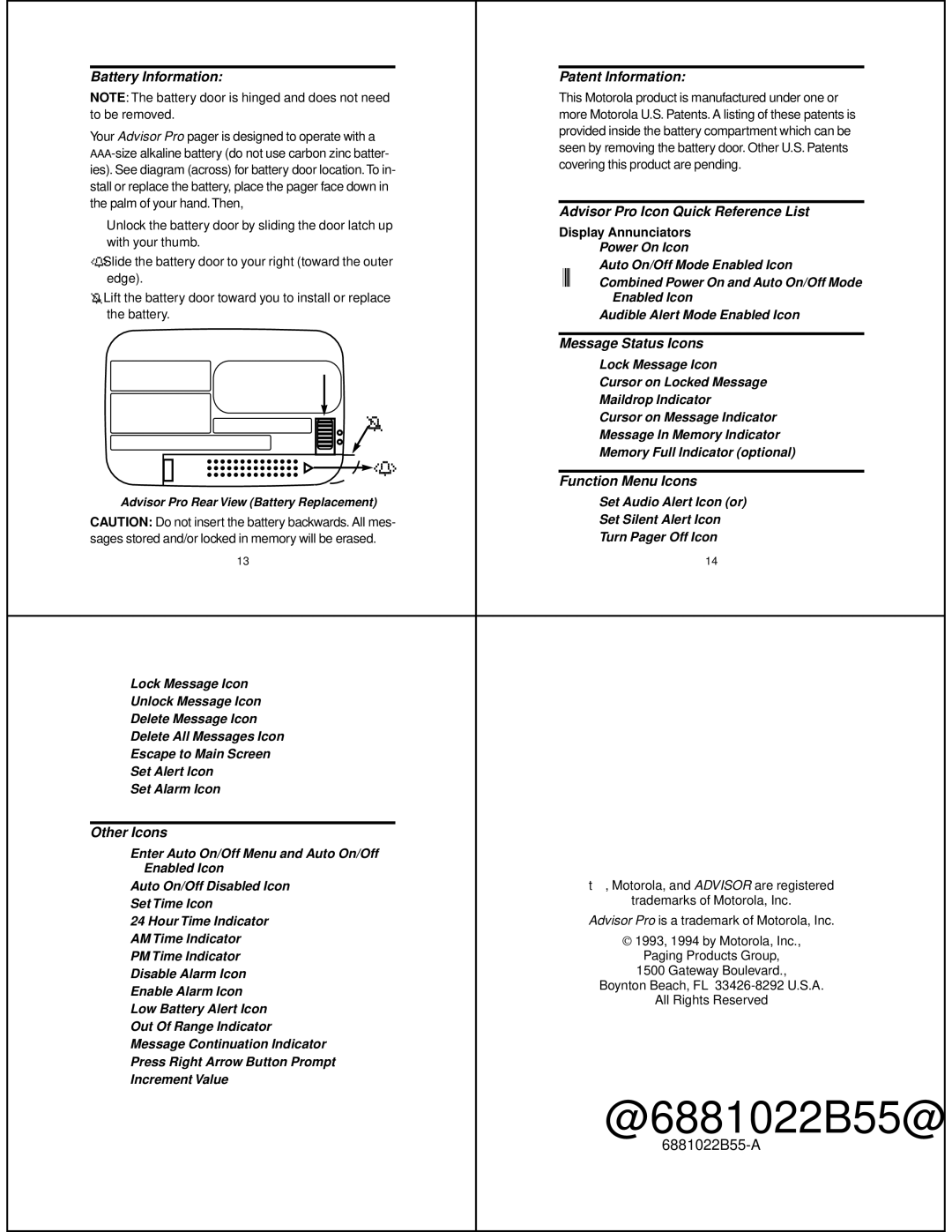 Motorola AIPB-961768-O Battery Information Patent Information, Advisor Pro Icon Quick Reference List, Message Status Icons 