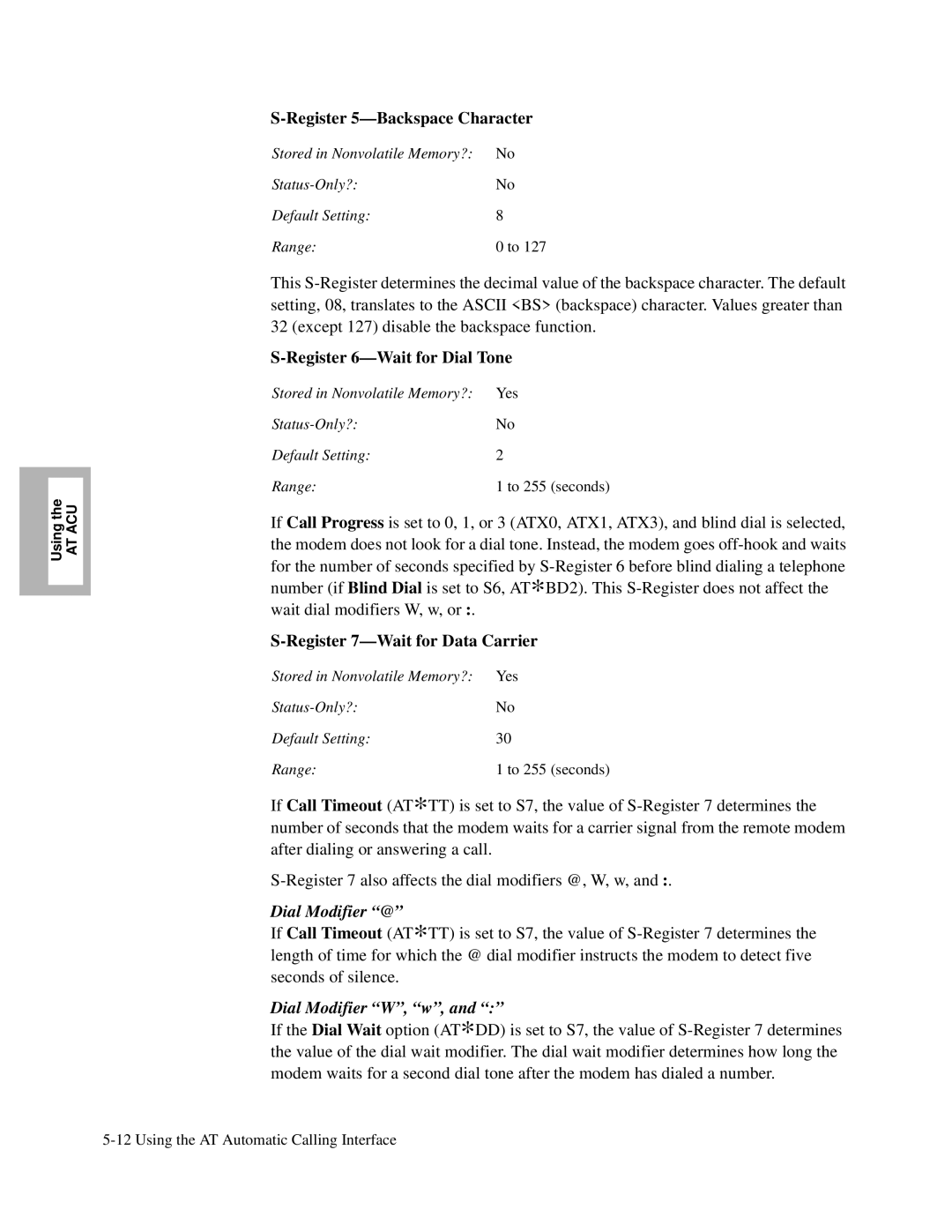 Motorola 326X V.34 manual Register 5-Backspace Character, Register 6-Wait for Dial Tone, Register 7-Wait for Data Carrier 