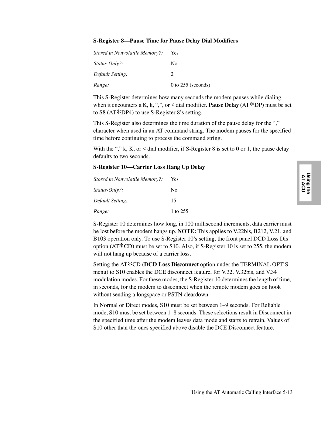 Motorola and V.32bis manual Register 8-Pause Time for Pause Delay Dial Modifiers, Register 10-Carrier Loss Hang Up Delay 