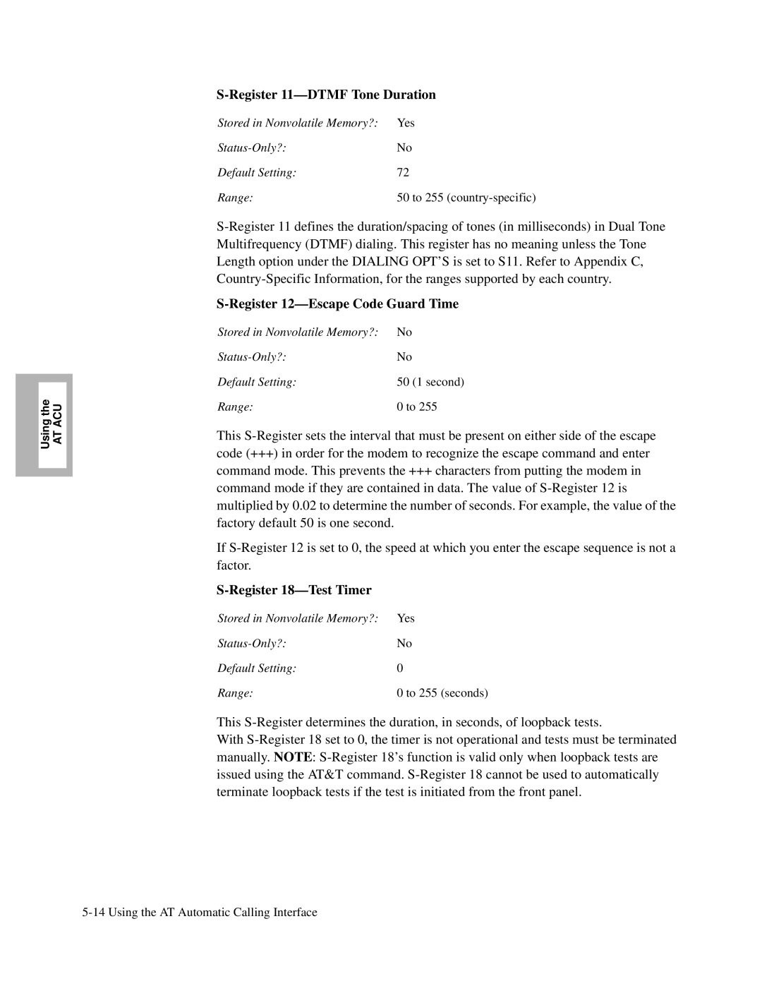 Motorola V.34-SDC, and V.32bis Register 11-DTMF Tone Duration, Register 12-Escape Code Guard Time, Register 18-Test Timer 