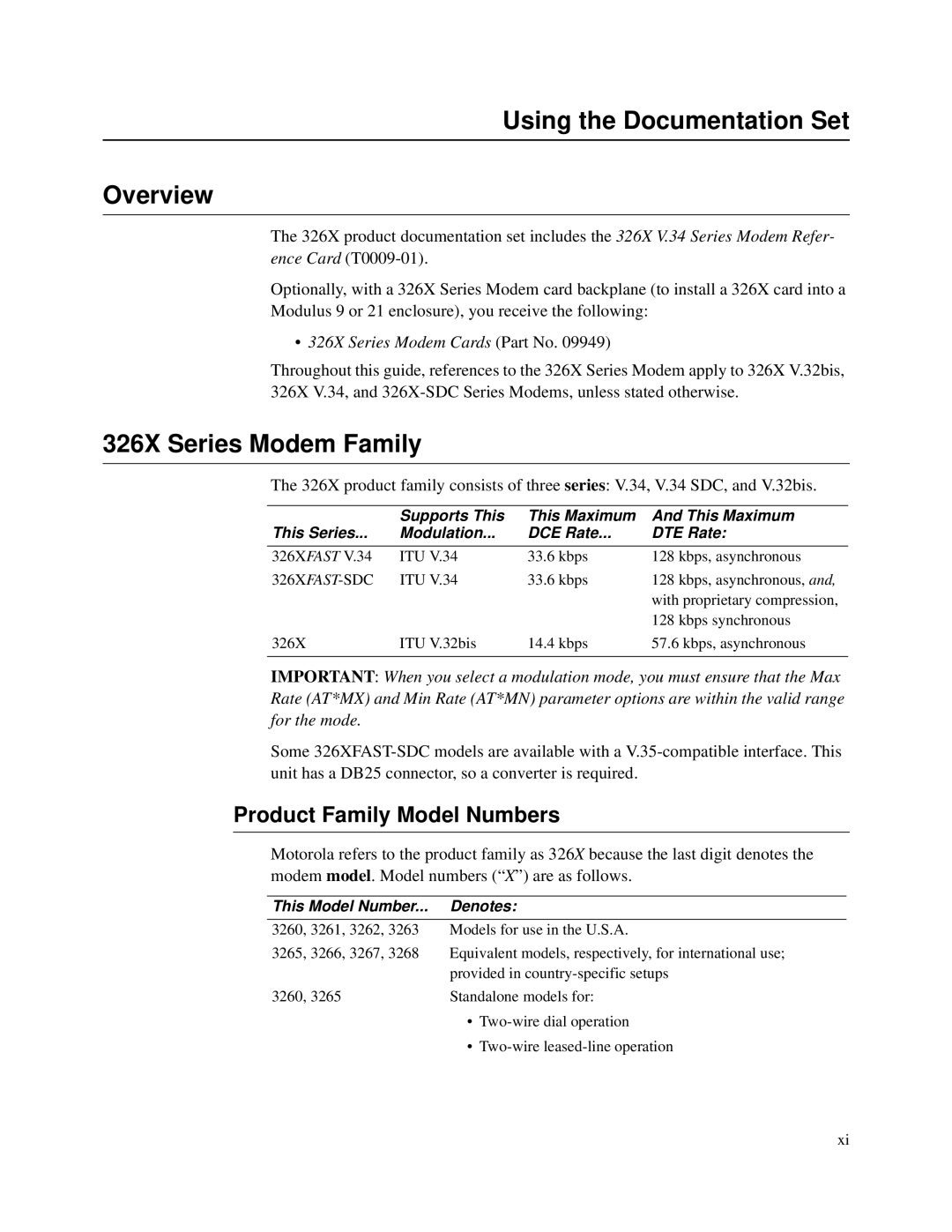 Motorola 326X V.34, V.34-SDC Using the Documentation Set Overview, 326X Series Modem Family, Product Family Model Numbers 