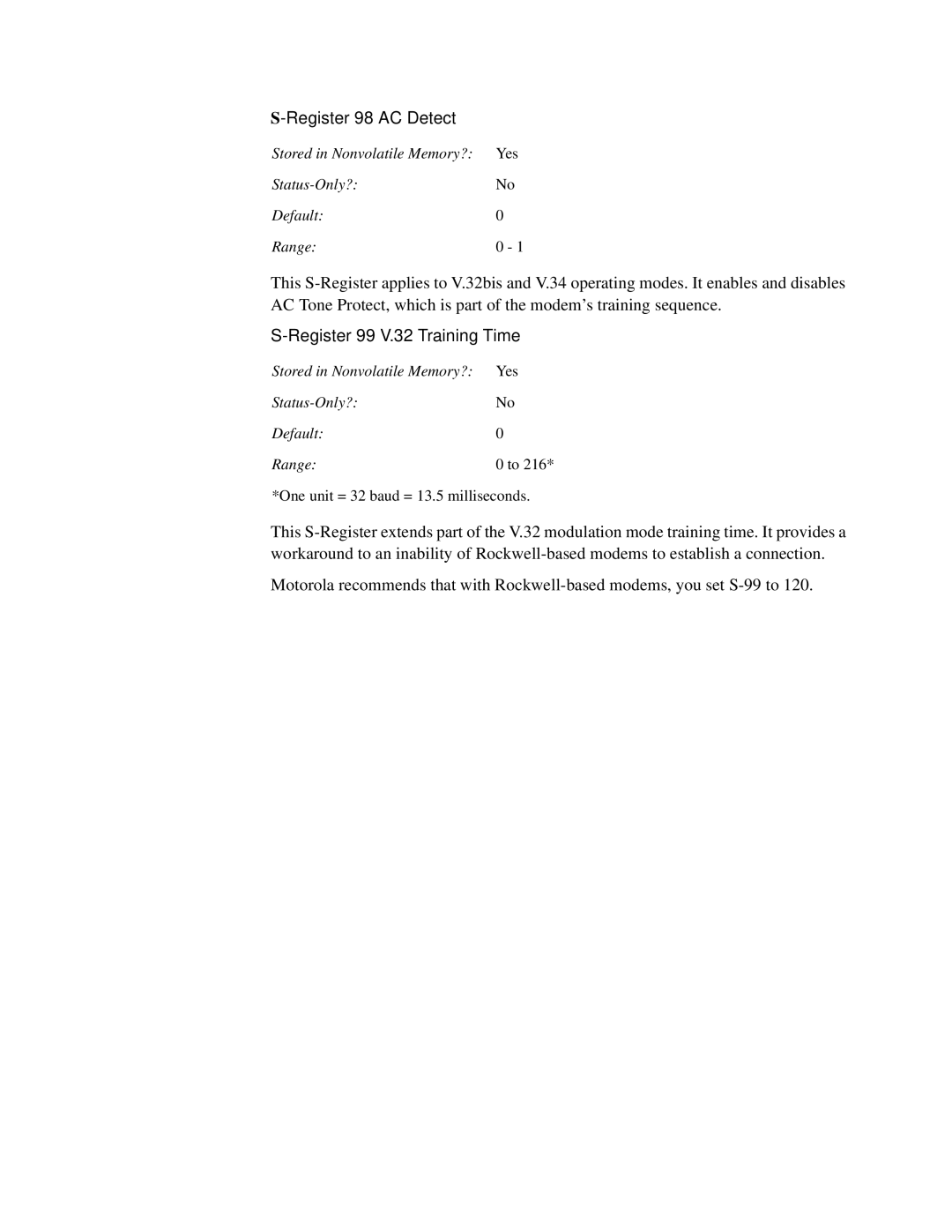 Motorola 326X V.34, and V.32bis, V.34-SDC manual Register 98-AC Detect, Register 99-V.32 Training Time 