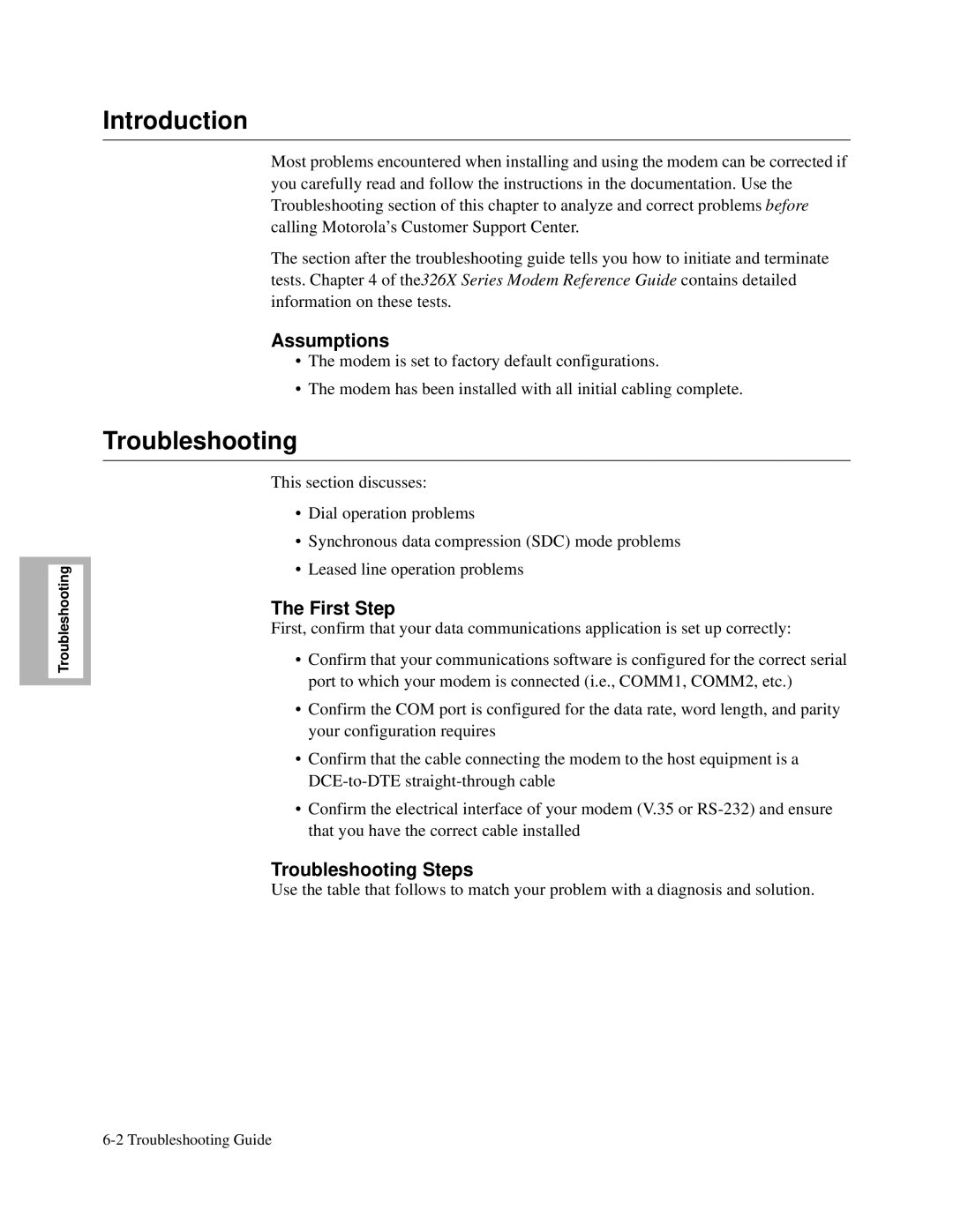 Motorola V.34-SDC, and V.32bis, 326X V.34 manual Assumptions, First Step, Troubleshooting Steps 