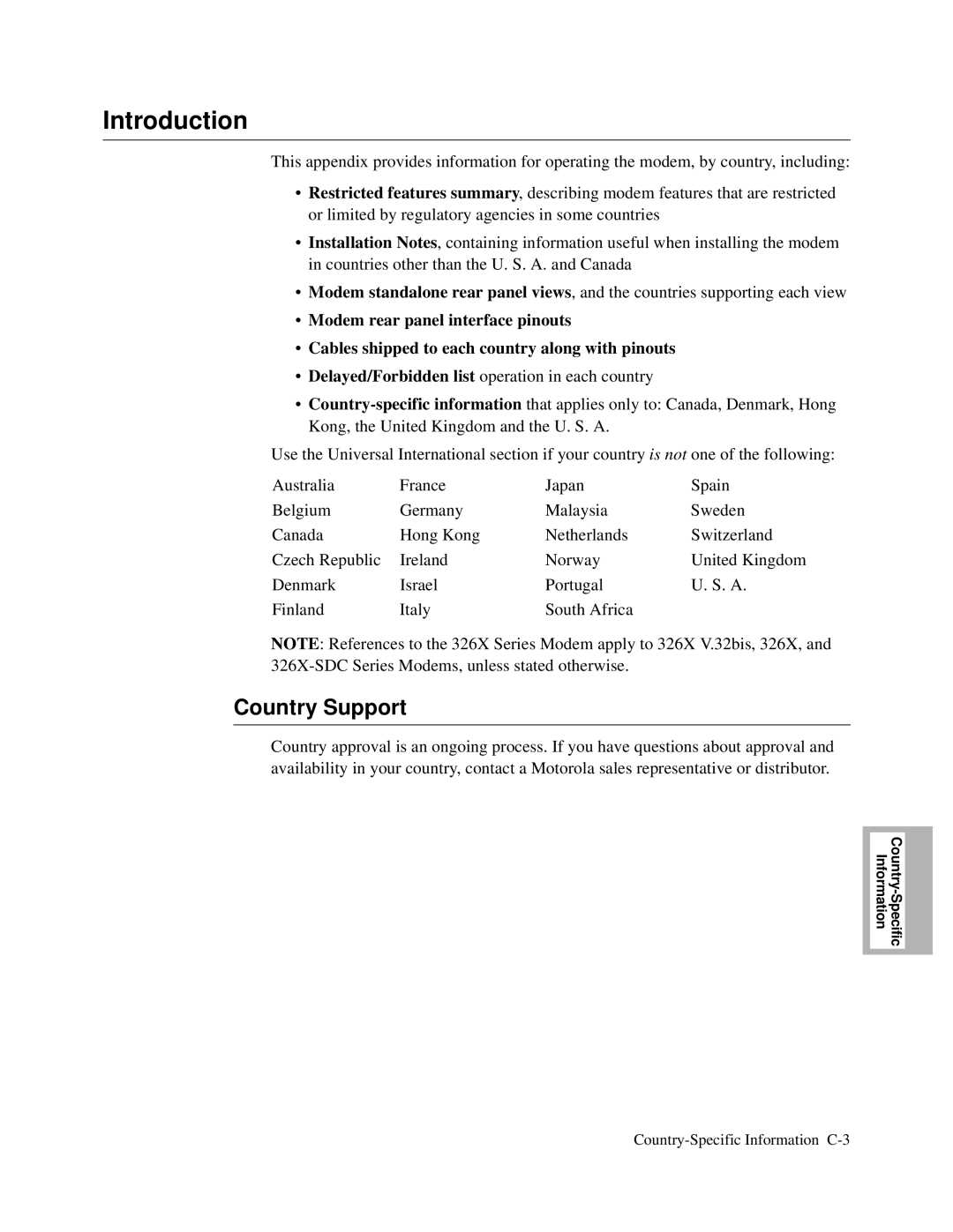 Motorola and V.32bis, V.34-SDC, 326X V.34 manual Introduction, Country Support 