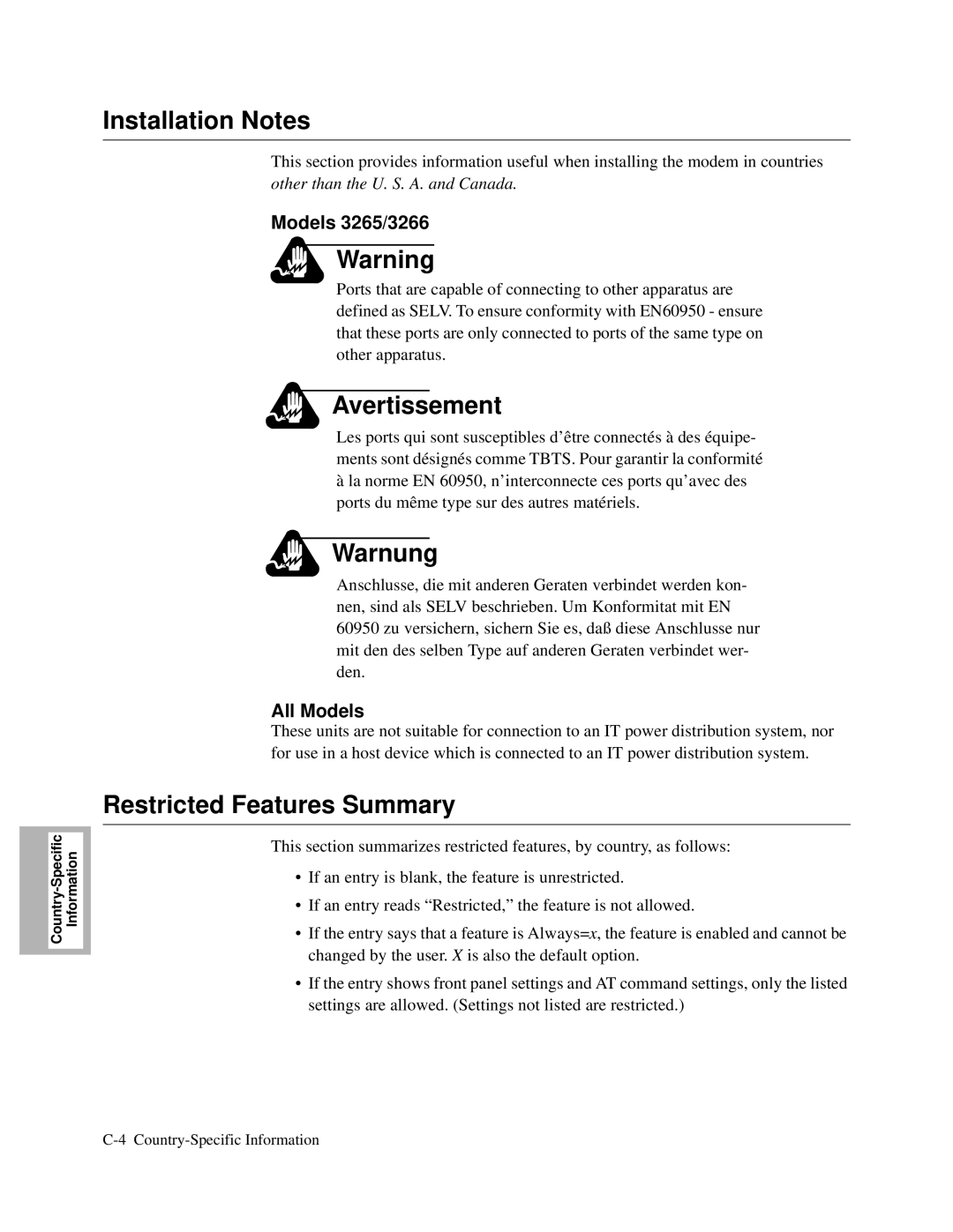 Motorola V.34-SDC, and V.32bis, 326X V.34 Installation Notes, Restricted Features Summary, Models 3265/3266, All Models 