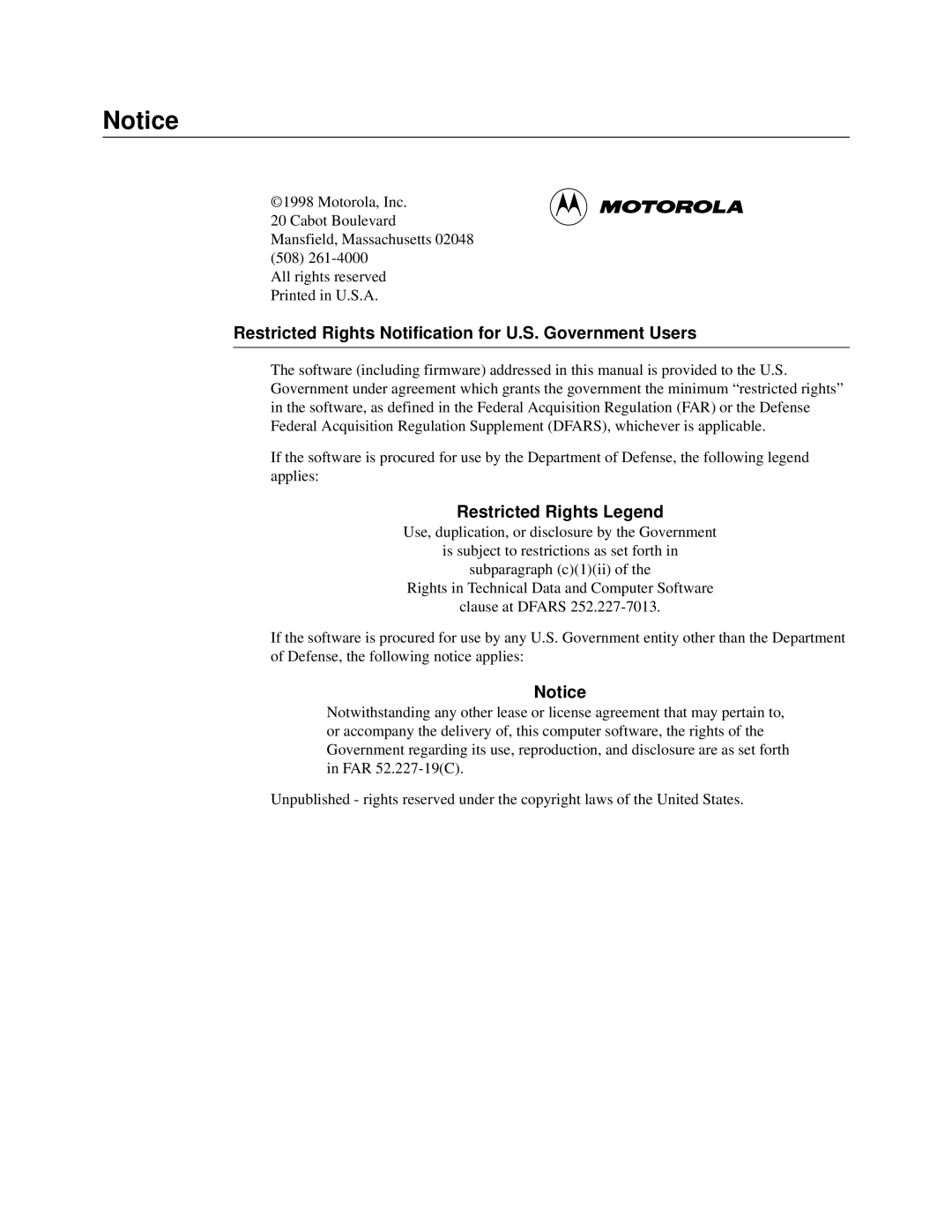 Motorola 326X V.34, and V.32bis, V.34-SDC manual Restricted Rights Notification for U.S. Government Users 