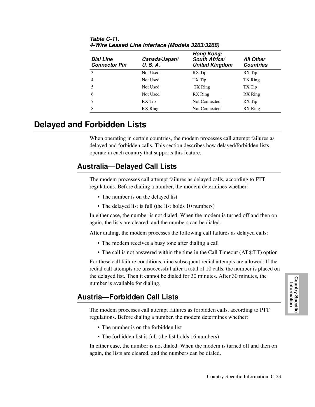 Motorola 326X V.34, and V.32bis Delayed and Forbidden Lists, Australia-Delayed Call Lists, Austria-Forbidden Call Lists 