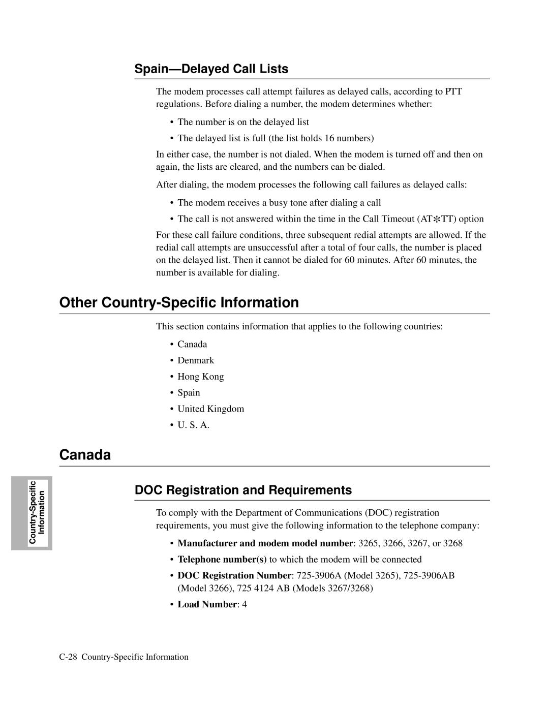 Motorola V.34-SDC Other Country-Specific Information, Canada, Spain-Delayed Call Lists, DOC Registration and Requirements 