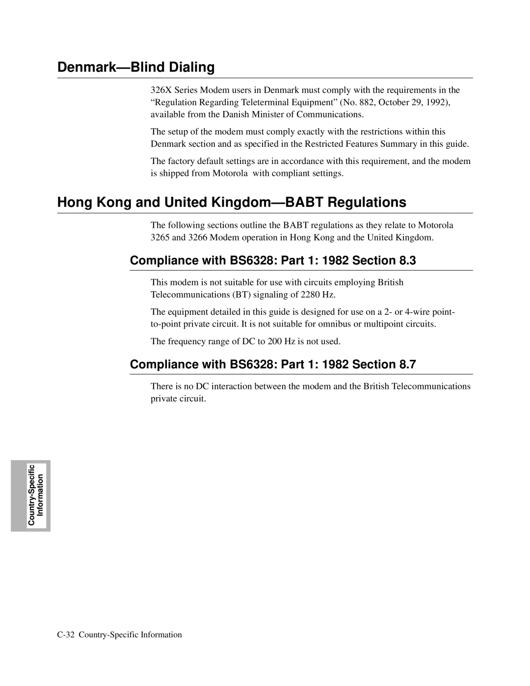 Motorola 326X V.34, and V.32bis, V.34-SDC manual Denmark-Blind Dialing, Hong Kong and United Kingdom-BABT Regulations 