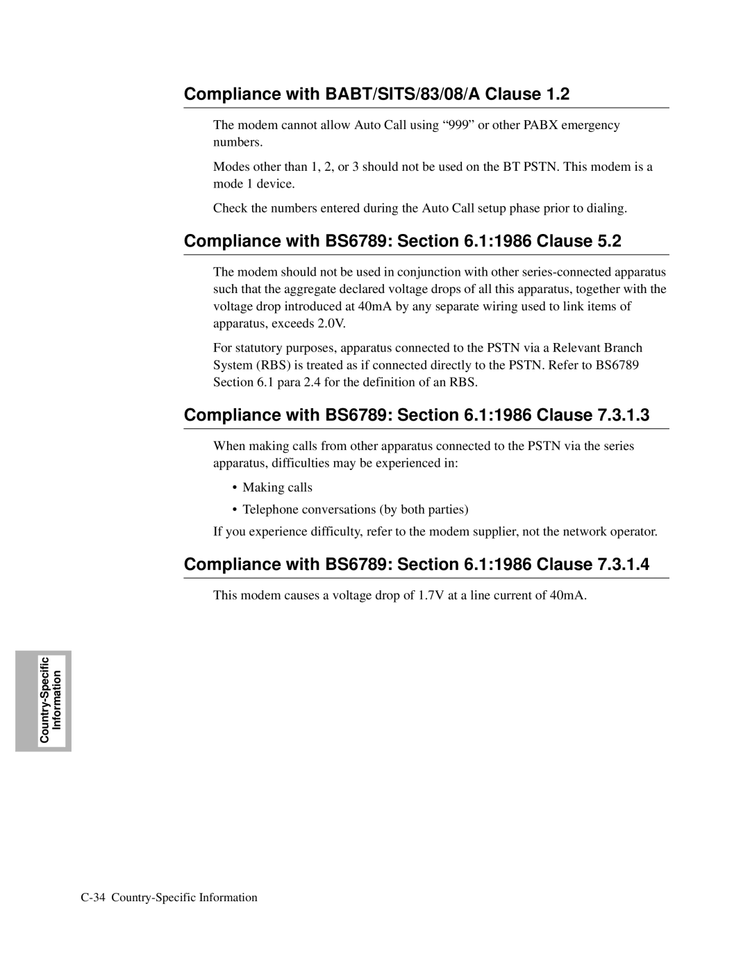 Motorola V.34-SDC, and V.32bis, 326X V.34 Compliance with BABT/SITS/83/08/A Clause, Compliance with BS6789 .11986 Clause 