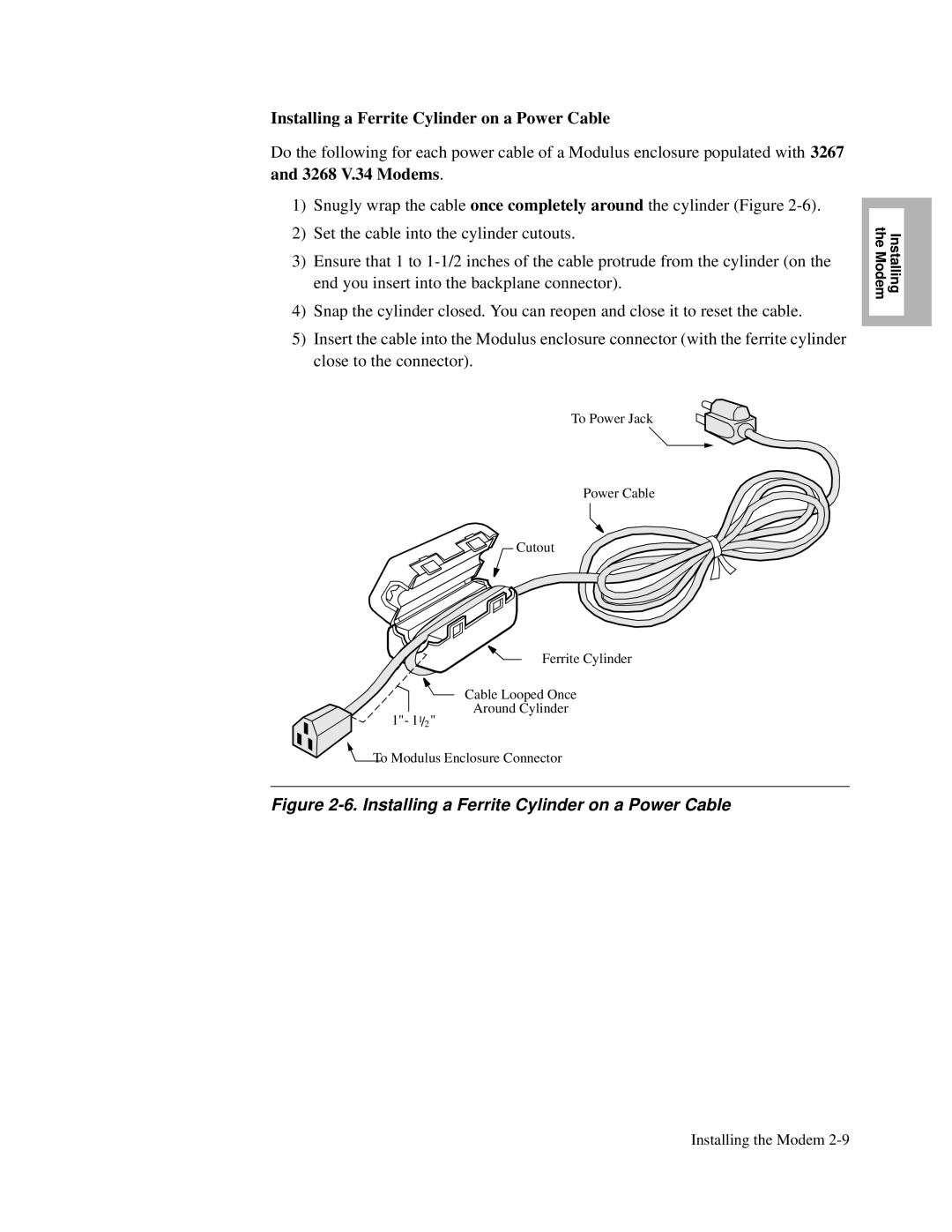 Motorola V.34-SDC, and V.32bis, 326X V.34 manual Installing a Ferrite Cylinder on a Power Cable 